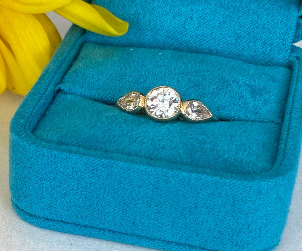 Three Diamond Round & Pear Yellow Gold Engagement Ring