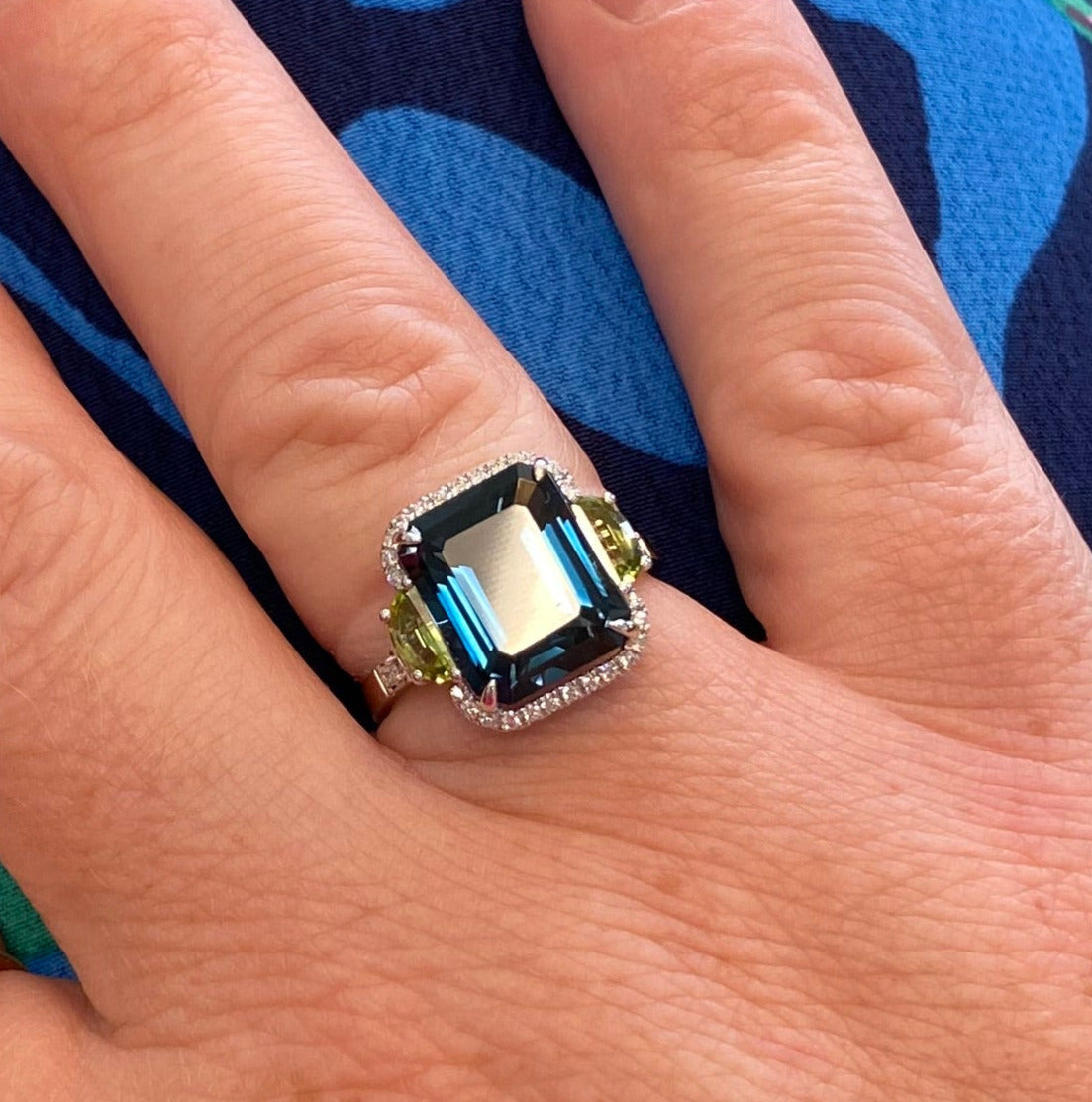 Blue Topaz Peridot and Diamond Cocktail Ring