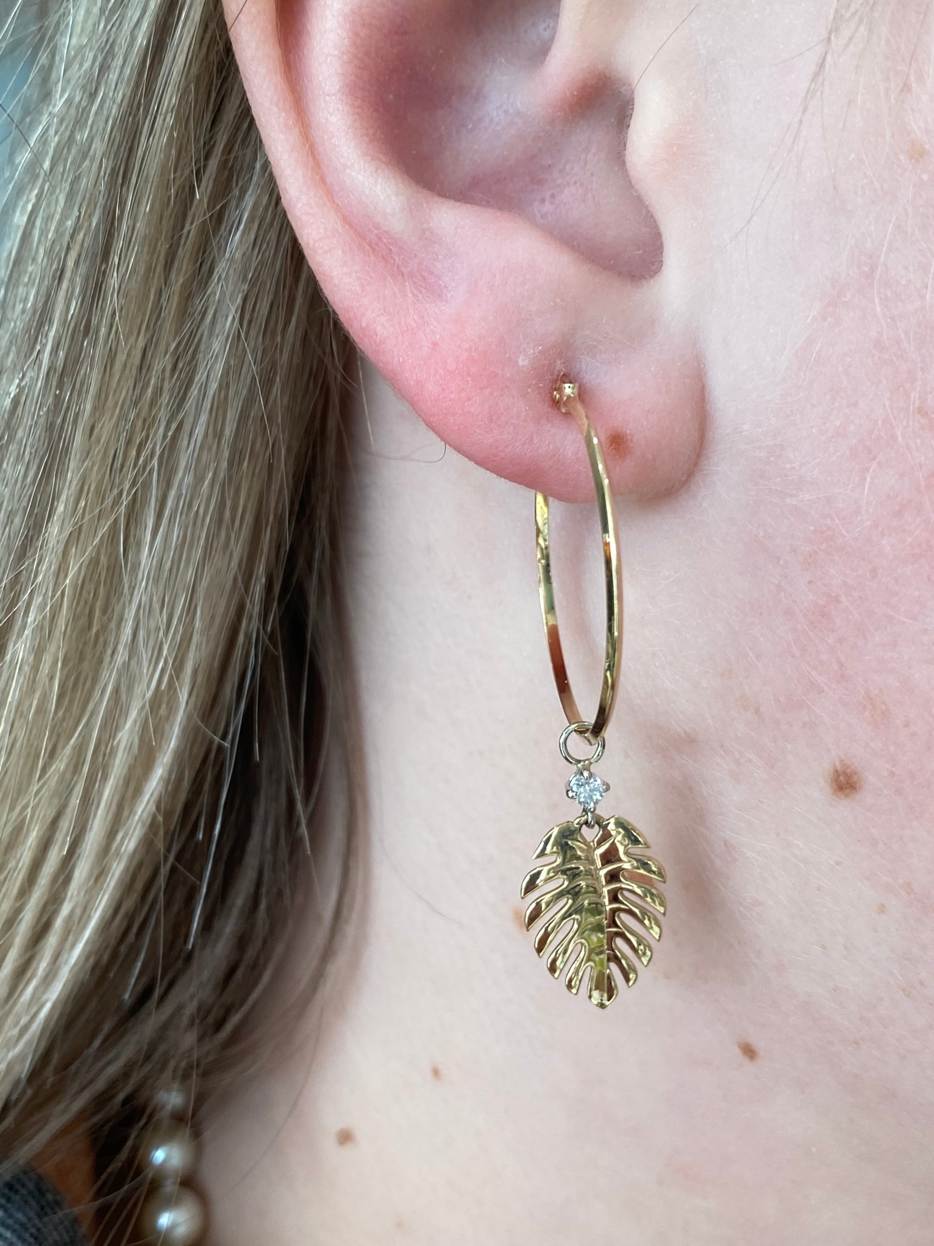 Yellow Gold Palm Tree Drop Hoop Earrings