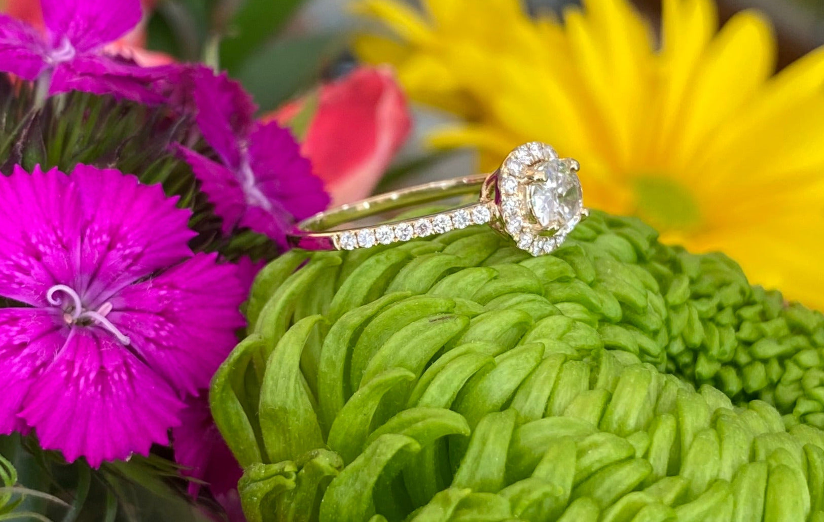 Vintage Yellow Gold Round Diamond Halo Engagement Ring and Wedding Band