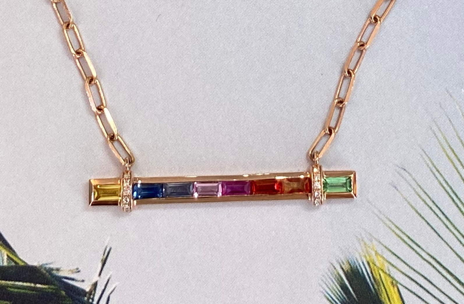 Rose Gold Rainbow Sapphire Bar Necklace