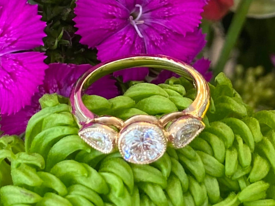 Three Diamond Round & Pear Yellow Gold Engagement Ring