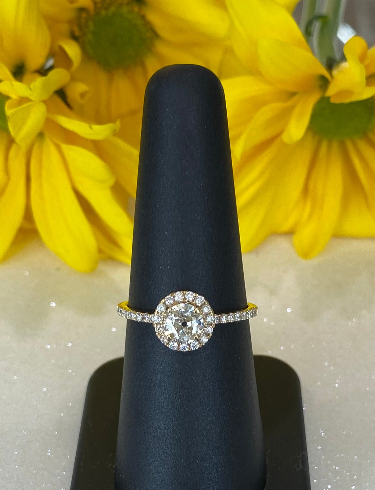 Vintage Yellow Gold Round Diamond Halo Engagement Ring and Wedding Band