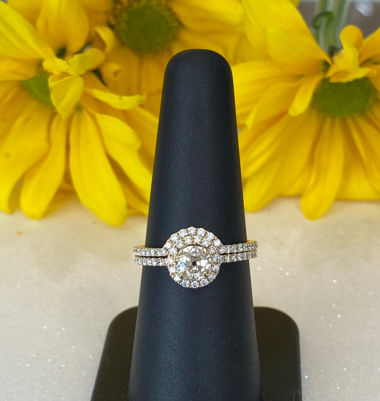 Vintage Yellow Gold Round Diamond Halo Engagement Ring and Wedding Band