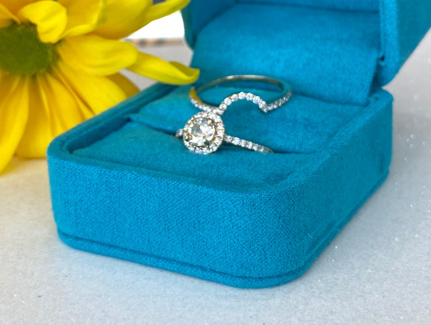 Vintage Yellow Gold Round Diamond Halo Engagement Ring and Wedding Band