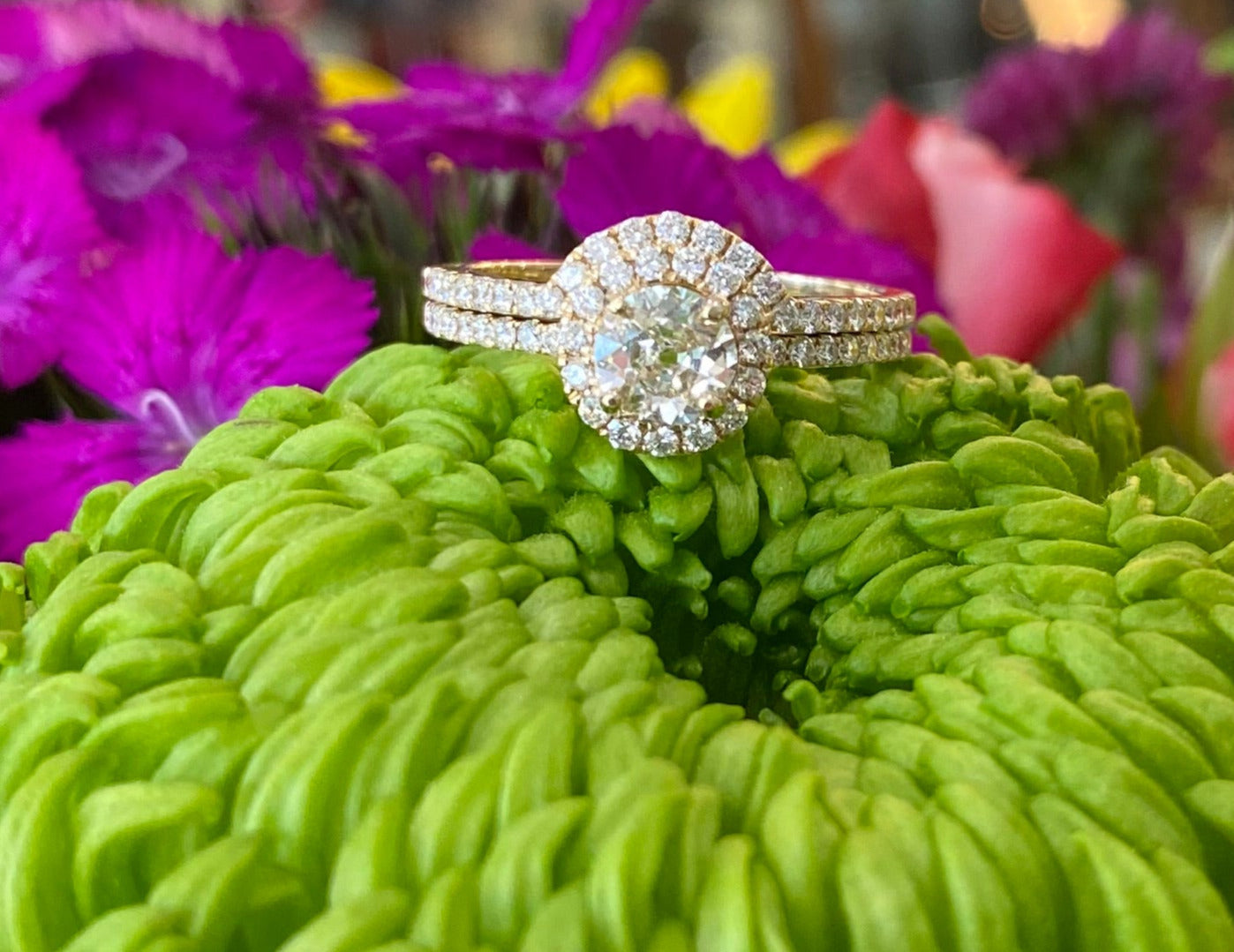 Vintage Yellow Gold Round Diamond Halo Engagement Ring and Wedding Band