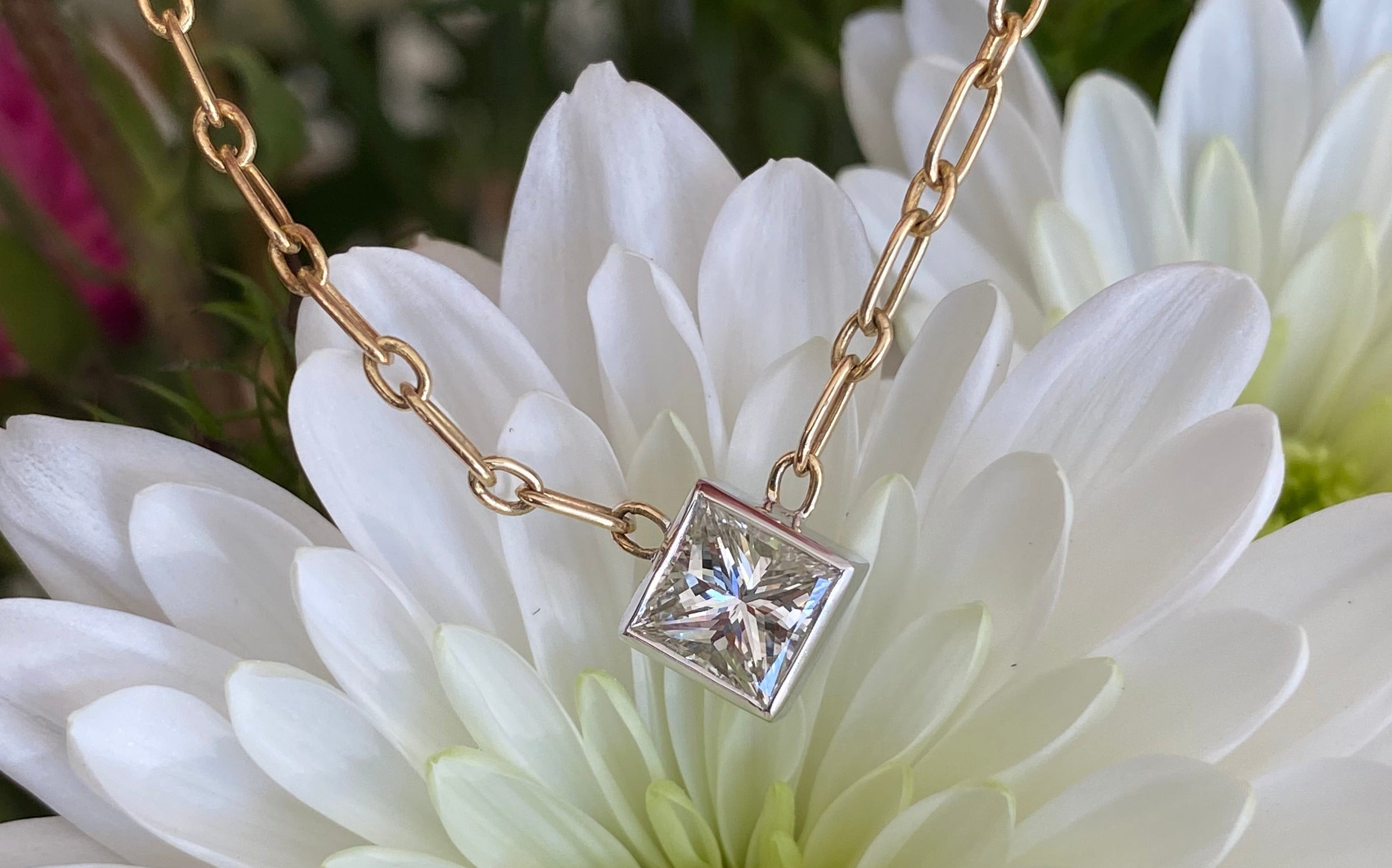 14K Gold Paper Clip Chain Princess Cut Diamond Necklace