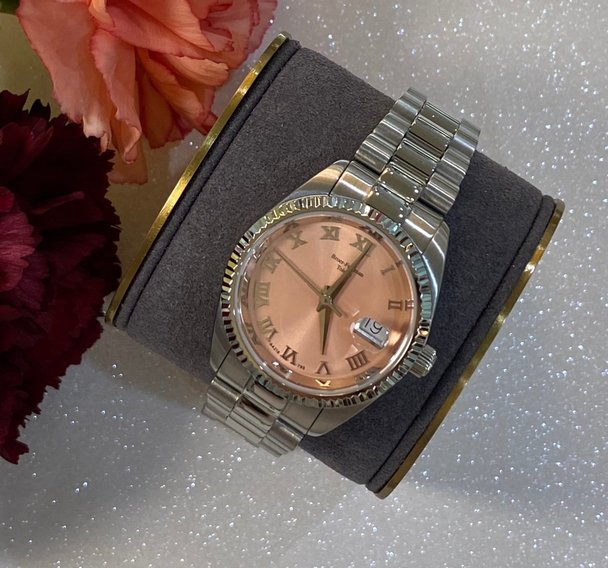 Salmon Mother of Pearl Dial Silver Toned Bracelet Watch