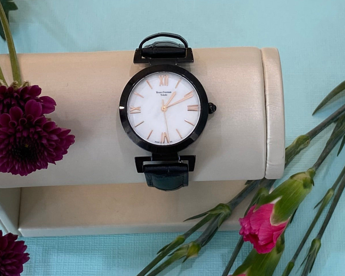 Mother of Pearl Black Leather Rose Gold Accent Watch
