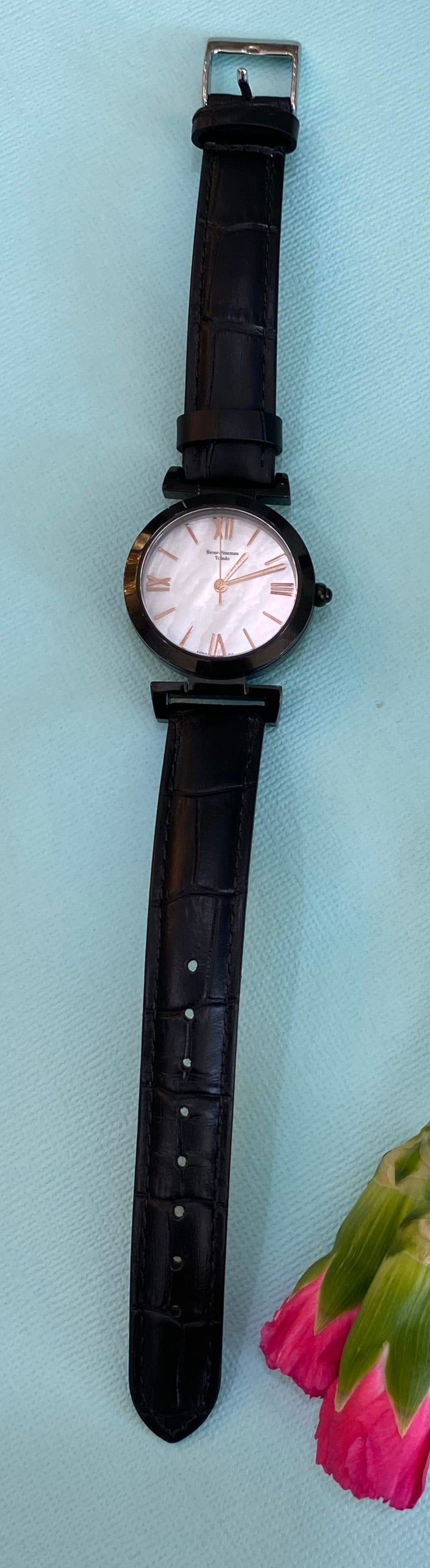 Mother of Pearl Black Leather Rose Gold Accent Watch