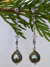 Load image into Gallery viewer, Dainty Diamond & Tahitian Pearl Drop Earrings