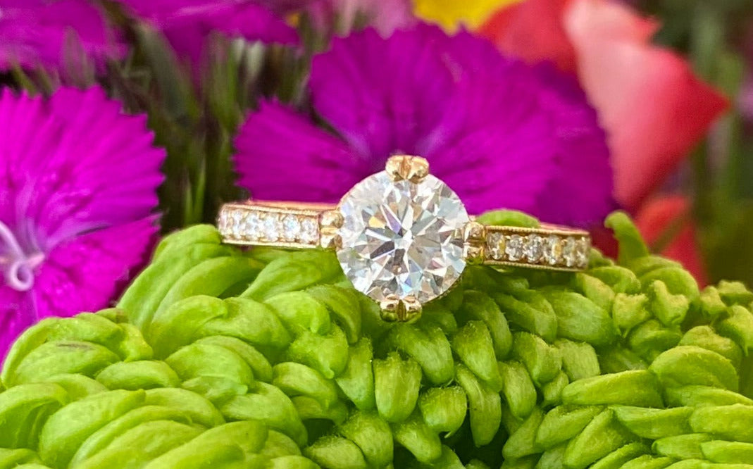 Yellow Gold Round Diamond Hand Engraved Engagment Ring