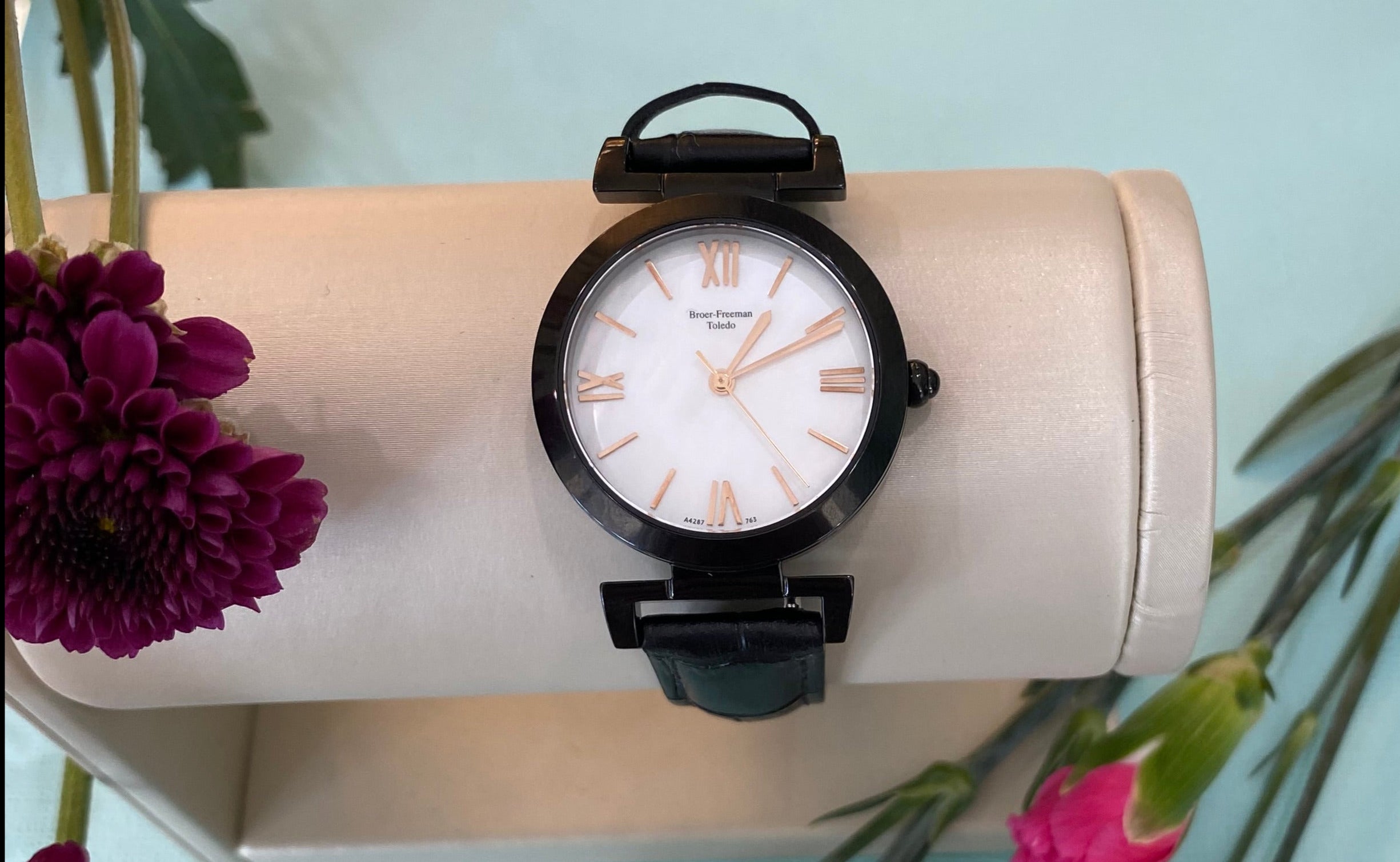 Mother of Pearl Black Leather Rose Gold Accent Watch