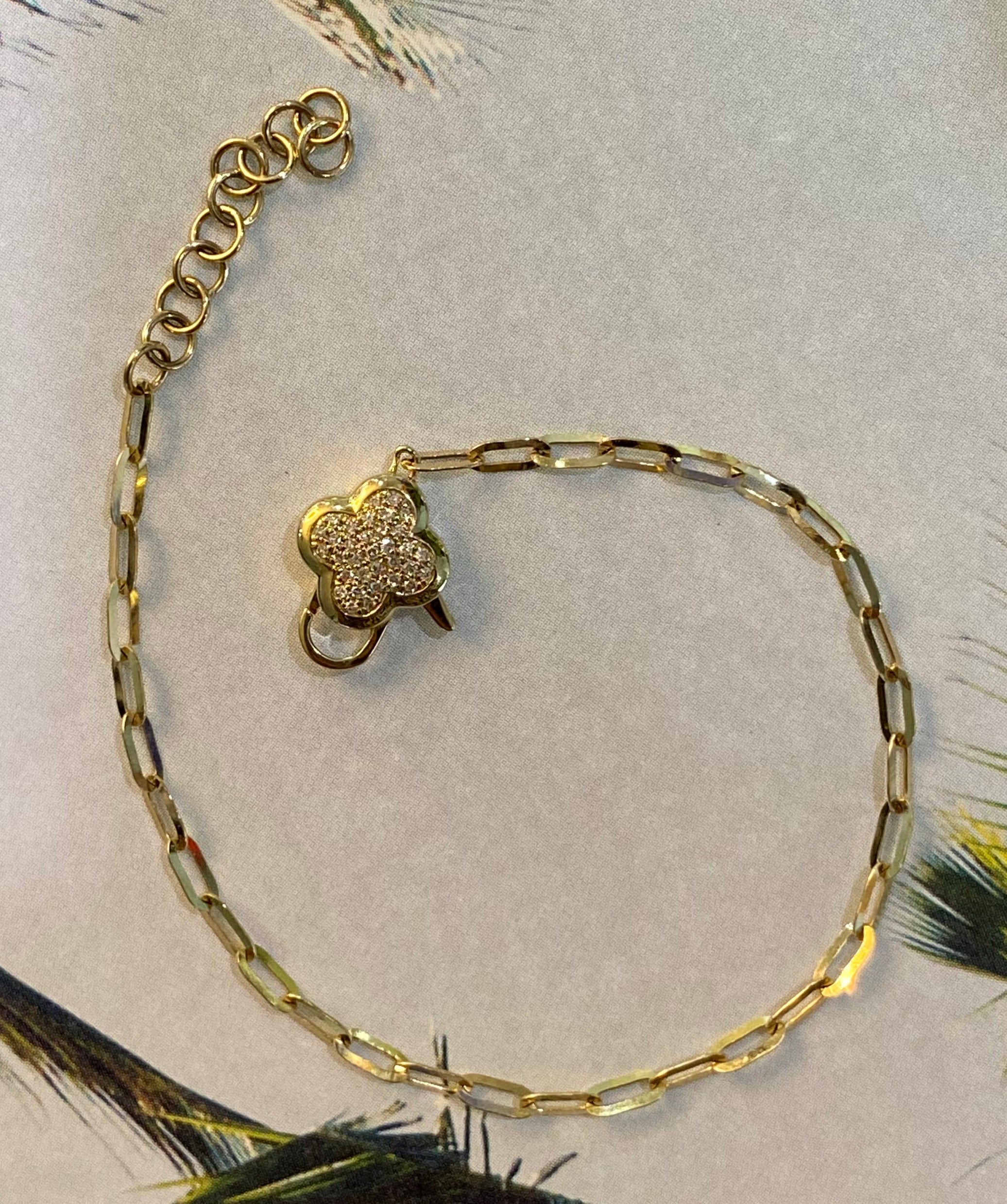 Yellow Gold Diamond Quatrefoil Clasp Paper Clip Bracelet