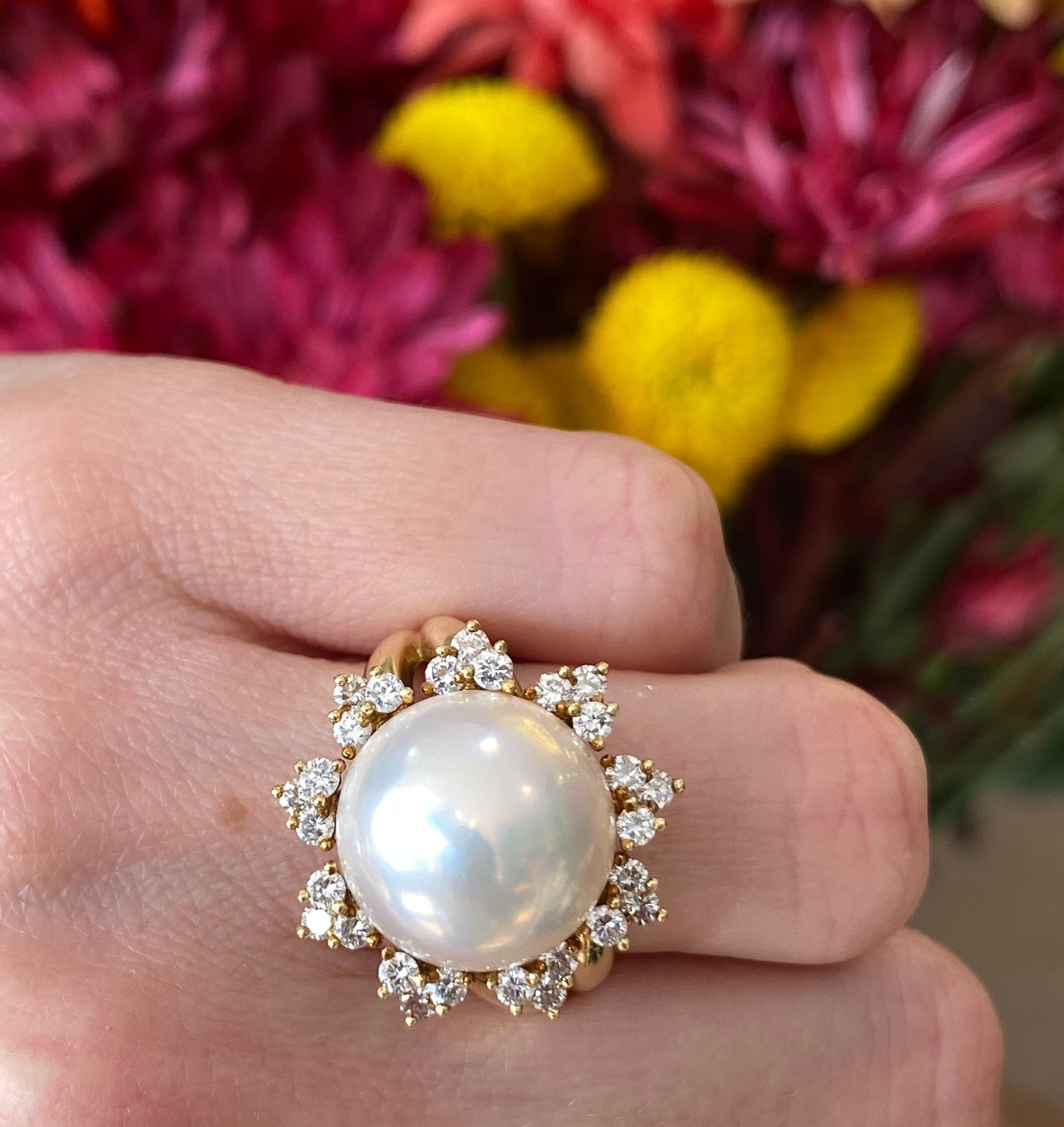 18K Gold Vintage Pearl and Diamond Sun Flare Ring