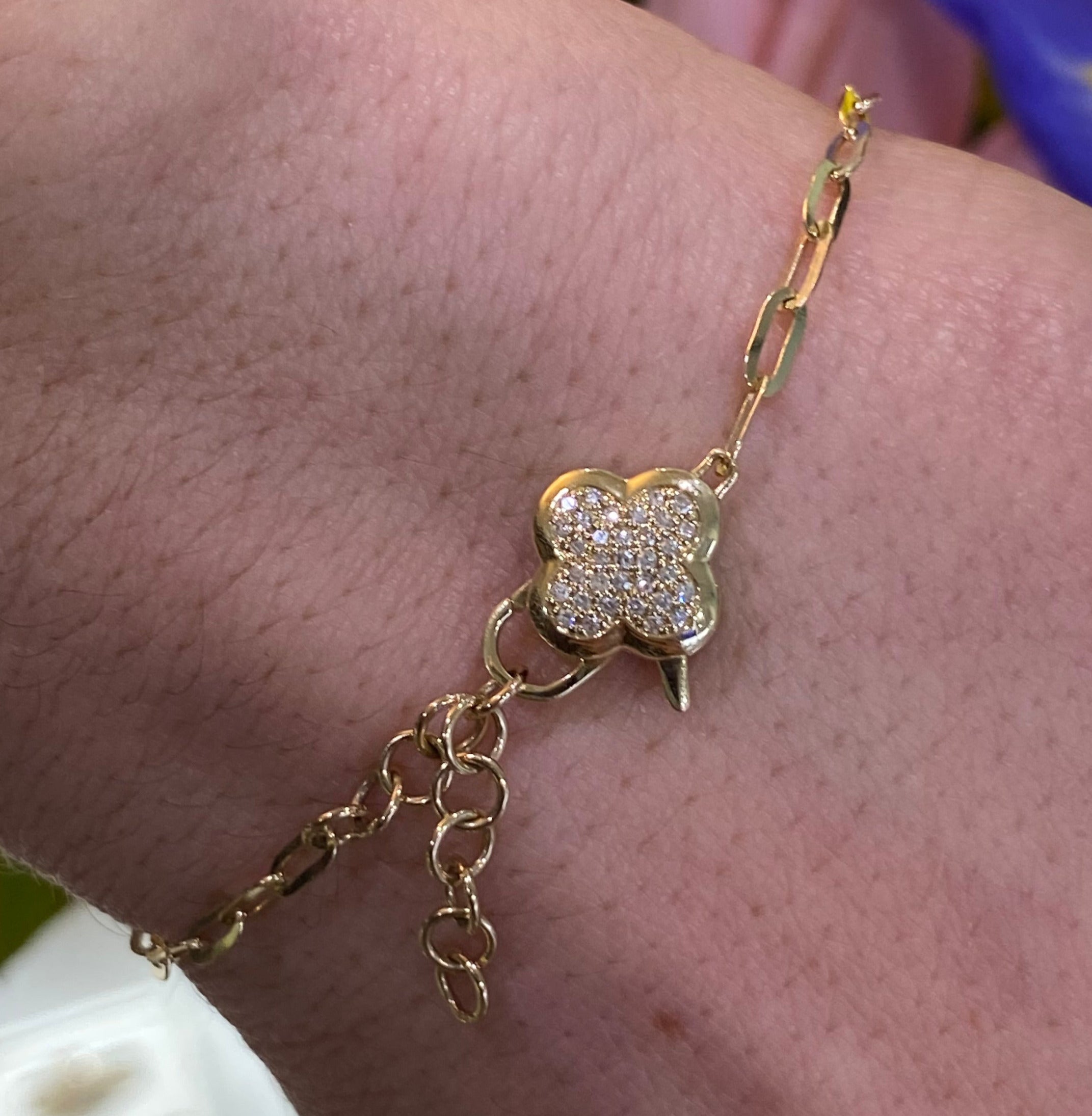 Yellow Gold Diamond Quatrefoil Clasp Paper Clip Bracelet