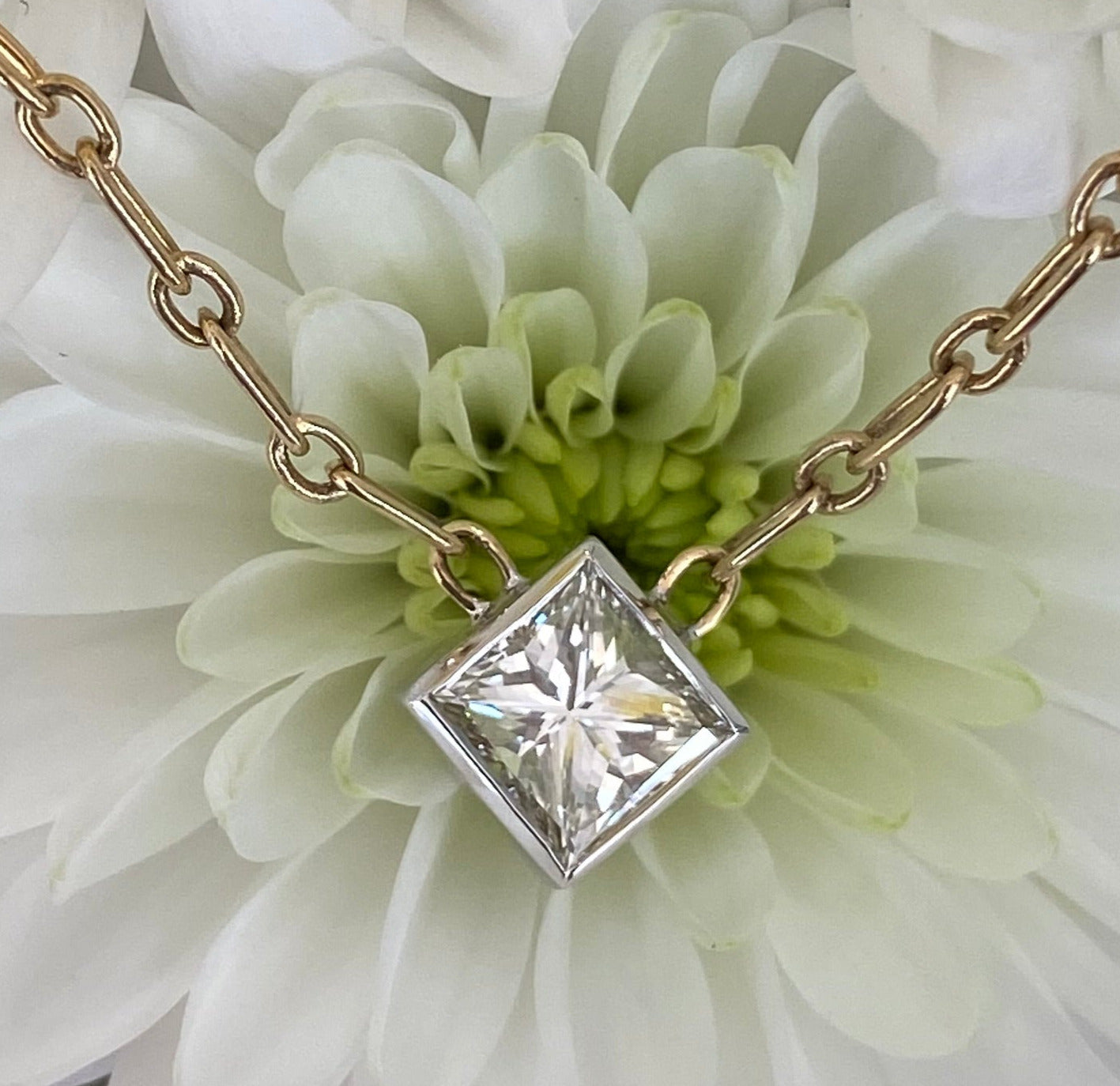 14K Gold Paper Clip Chain Princess Cut Diamond Necklace