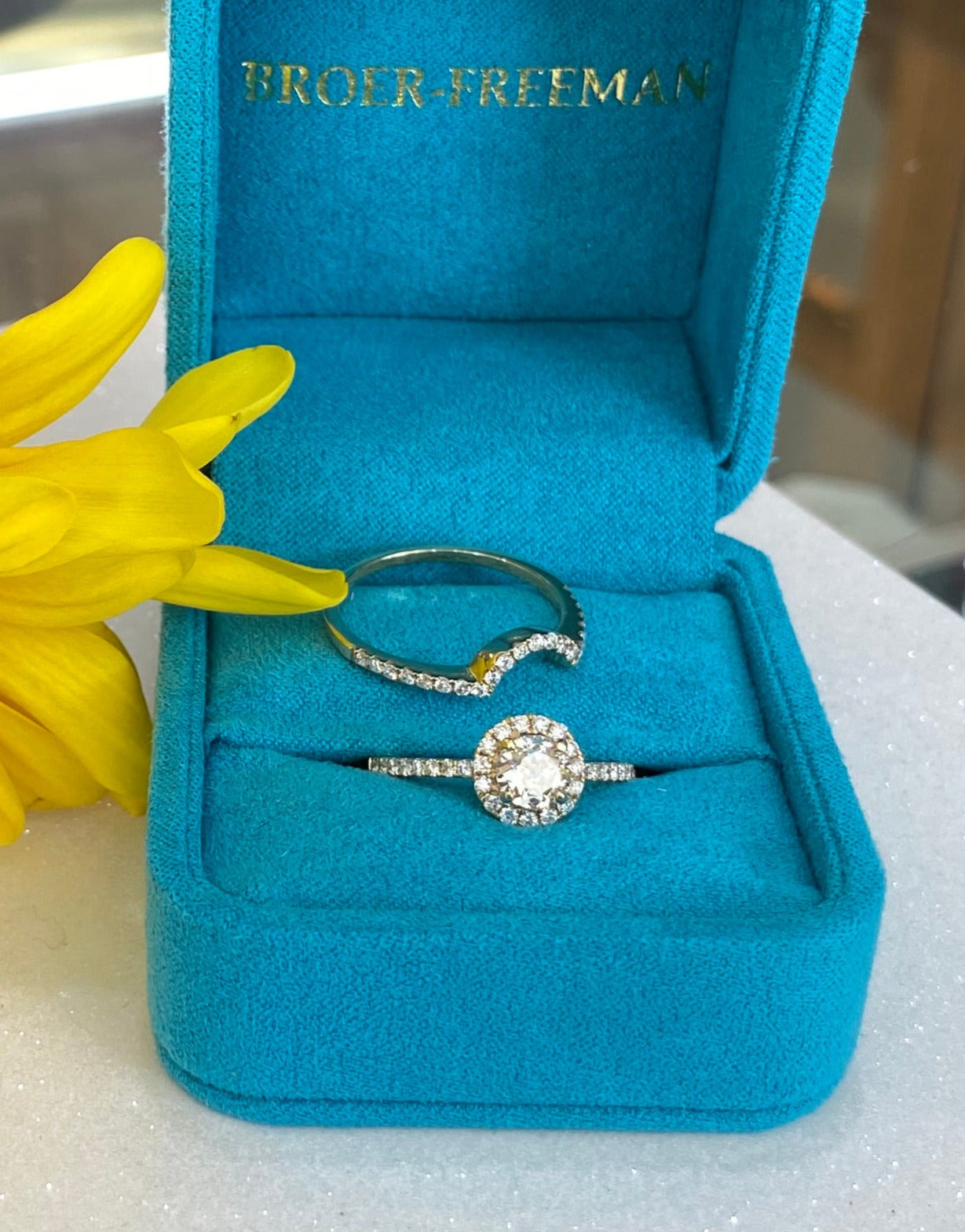 Vintage Yellow Gold Round Diamond Halo Engagement Ring and Wedding Band