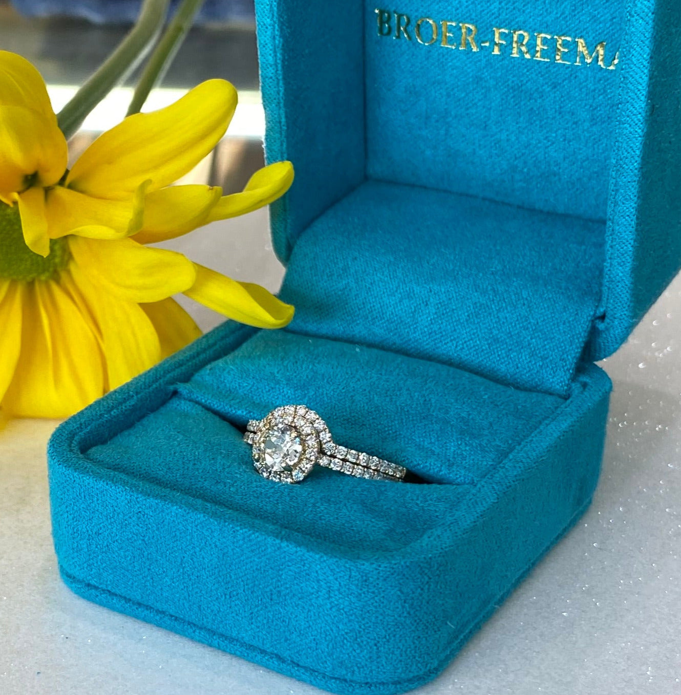 Vintage Yellow Gold Round Diamond Halo Engagement Ring and Wedding Band