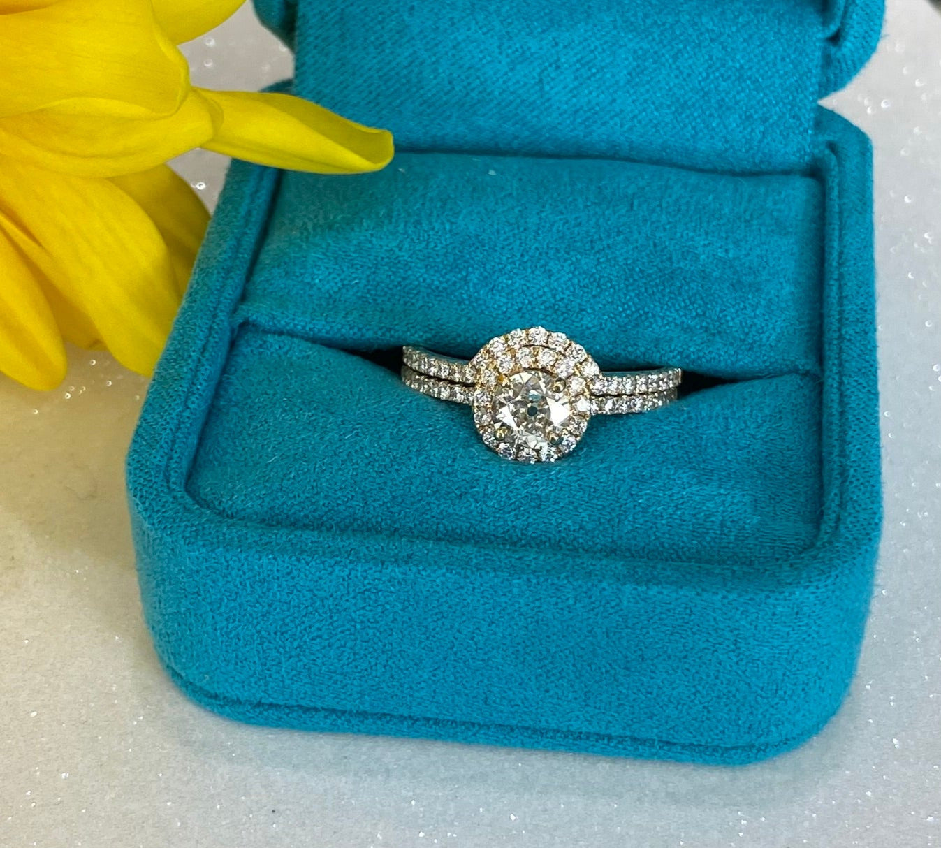 Vintage Yellow Gold Round Diamond Halo Engagement Ring and Wedding Band