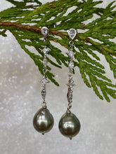 Load image into Gallery viewer, Dainty Diamond & Tahitian Pearl Drop Earrings