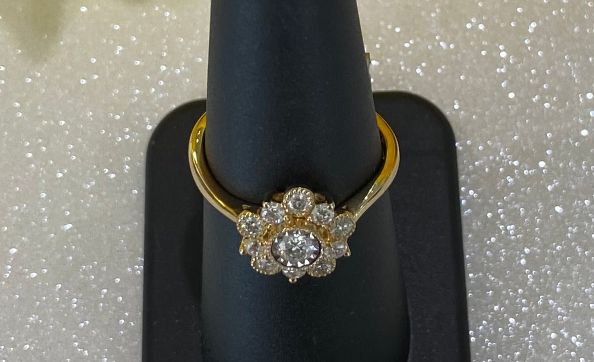 Yellow Gold Round Diamond Flower Style Engagement Ring