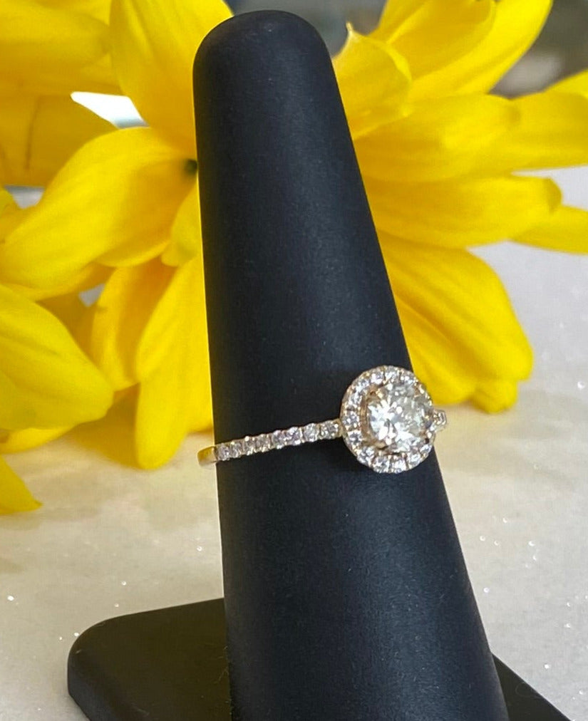 Vintage Yellow Gold Round Diamond Halo Engagement Ring and Wedding Band