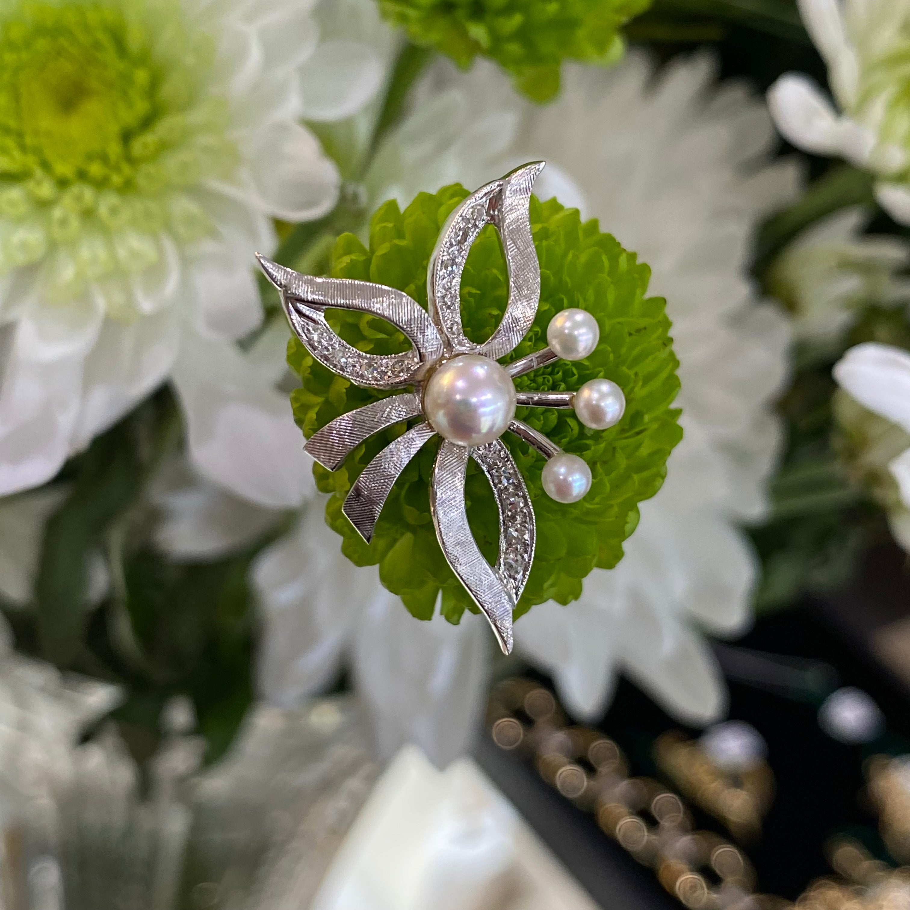 Vintage Floral Arrangement Pearl and Diamond Earrings