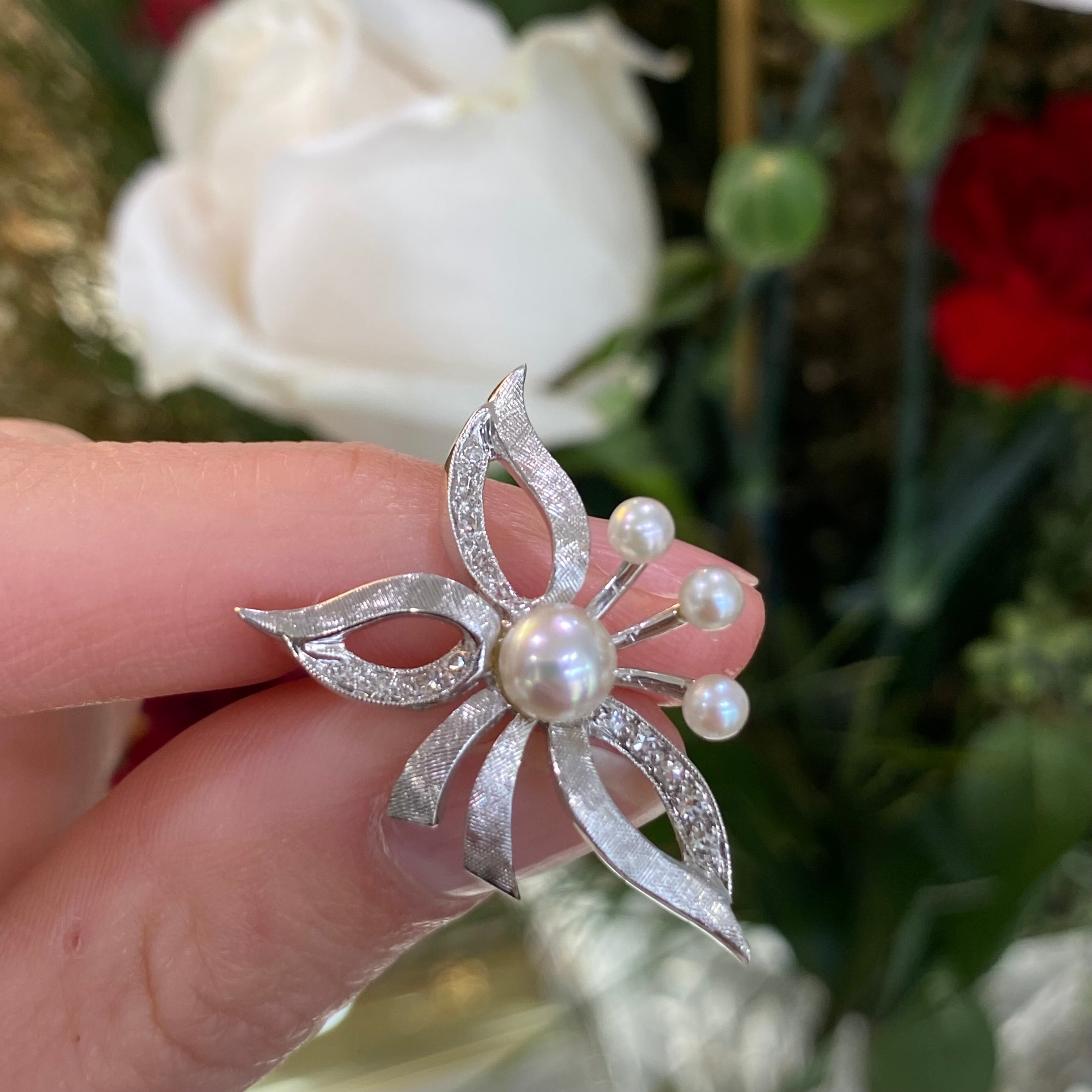 Vintage Floral Arrangement Pearl and Diamond Earrings