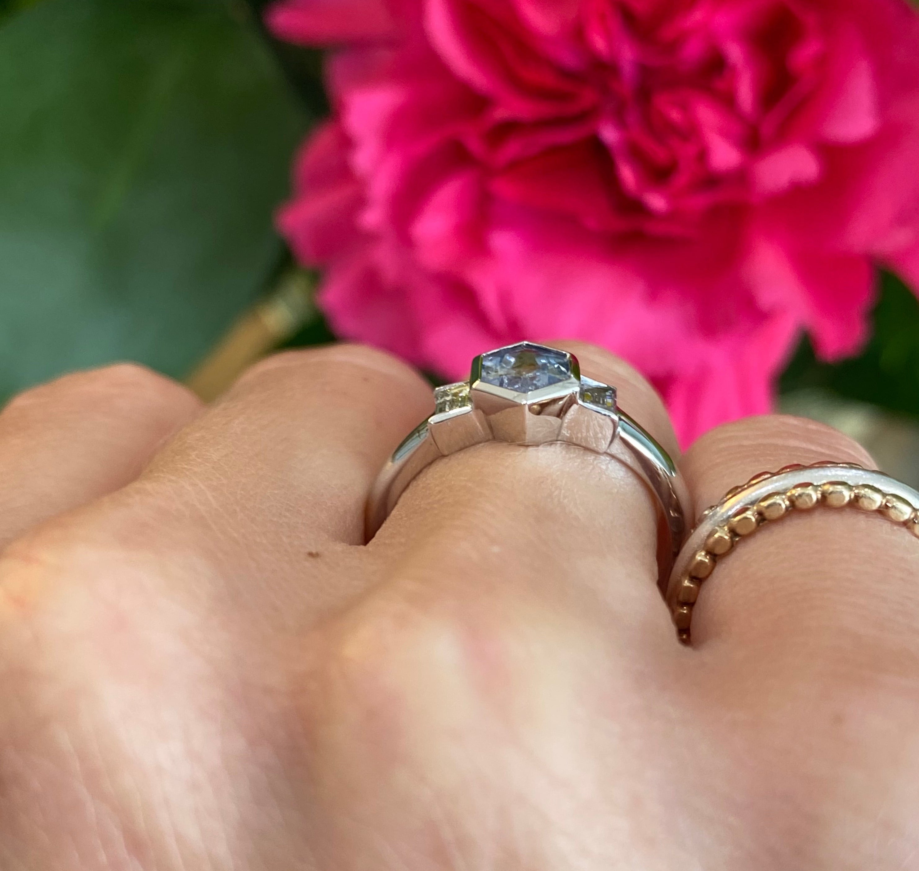 Pale Blue Sapphire & Baguette Diamond Ring