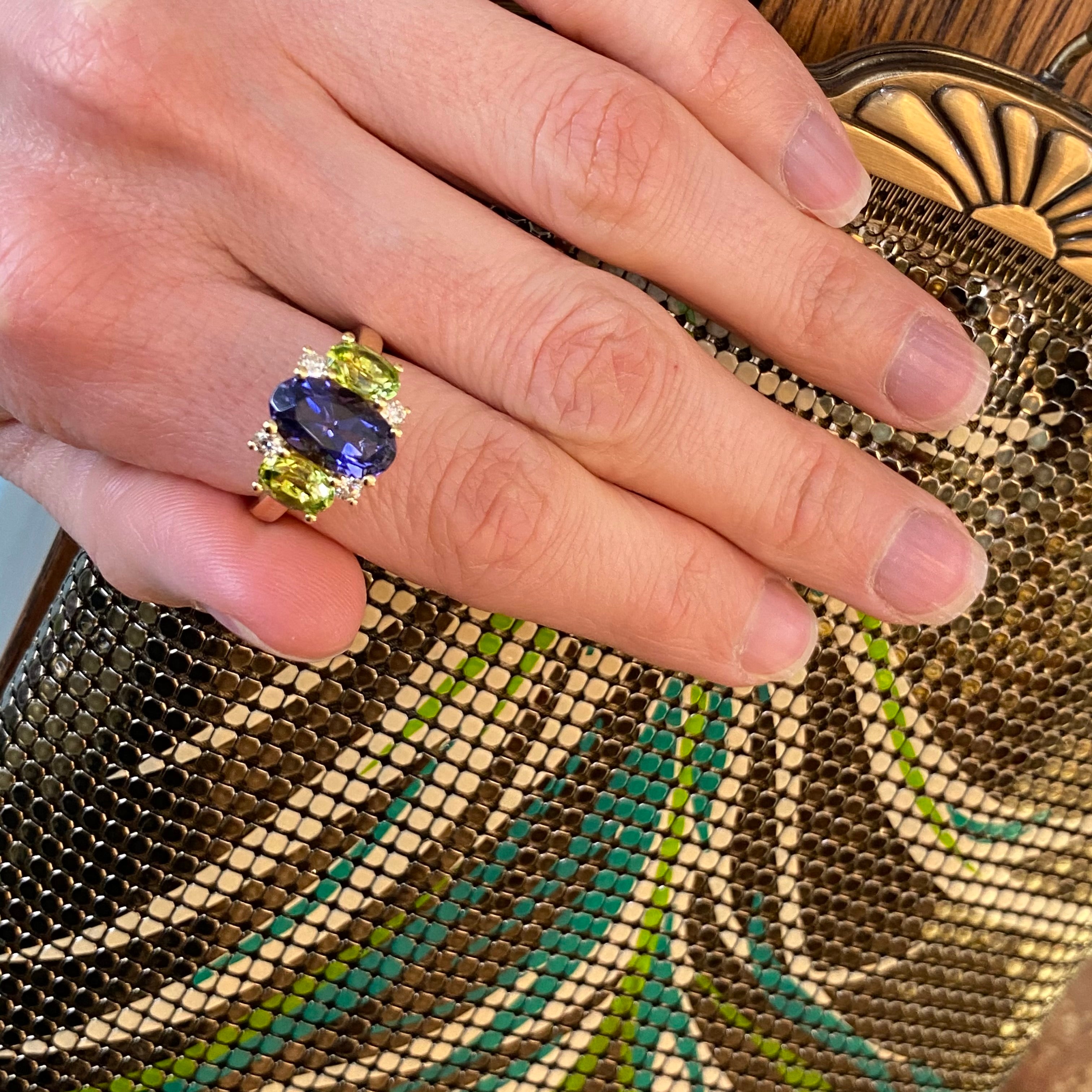 Oval Iolite, Peridot & Diamond Ring in 18K Yellow Gold