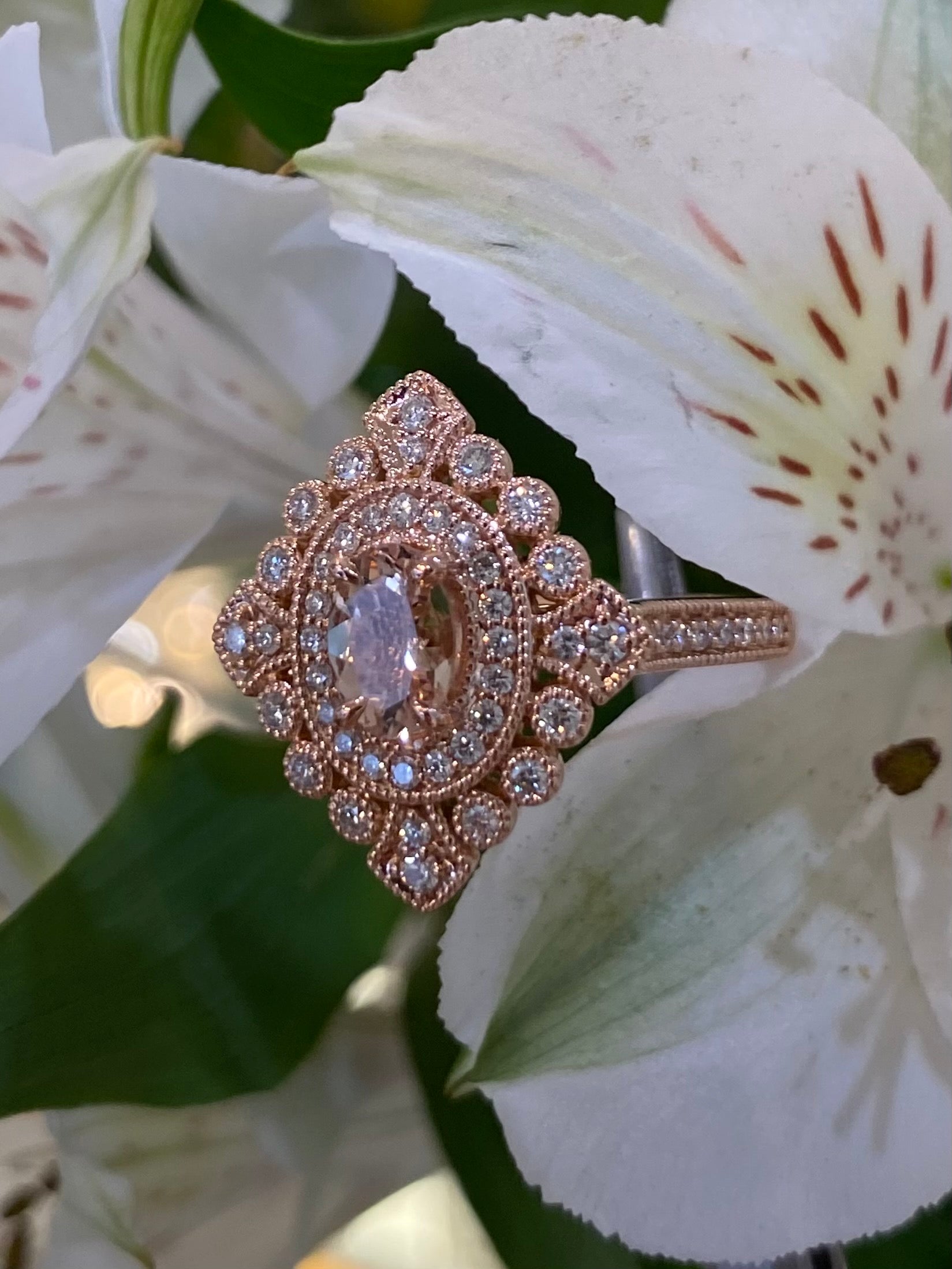 Fancy Vintage Inspired Morganite & Diamond Ring