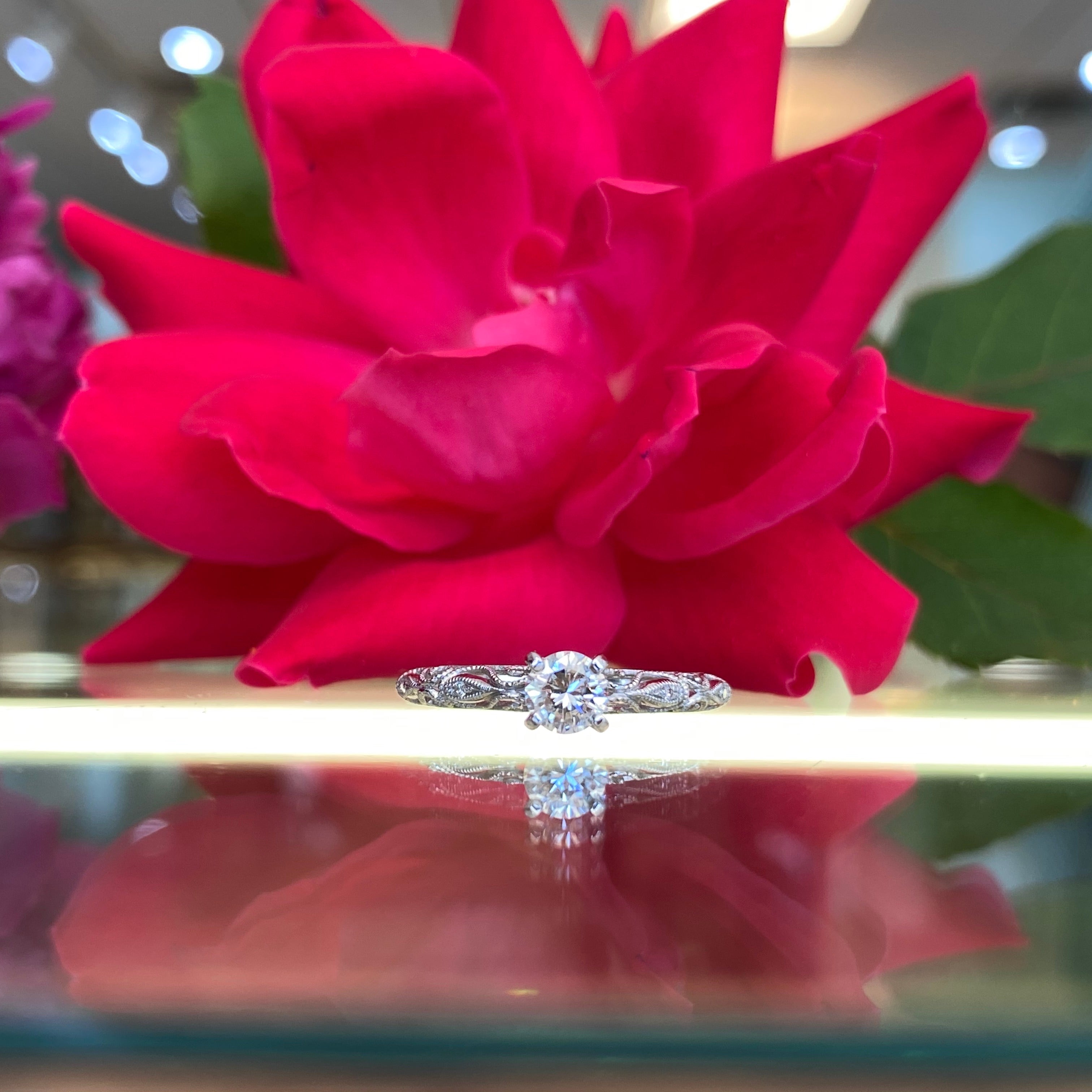 Fancy Round Solitaire Engagement Ring with Filigree Scroll Work