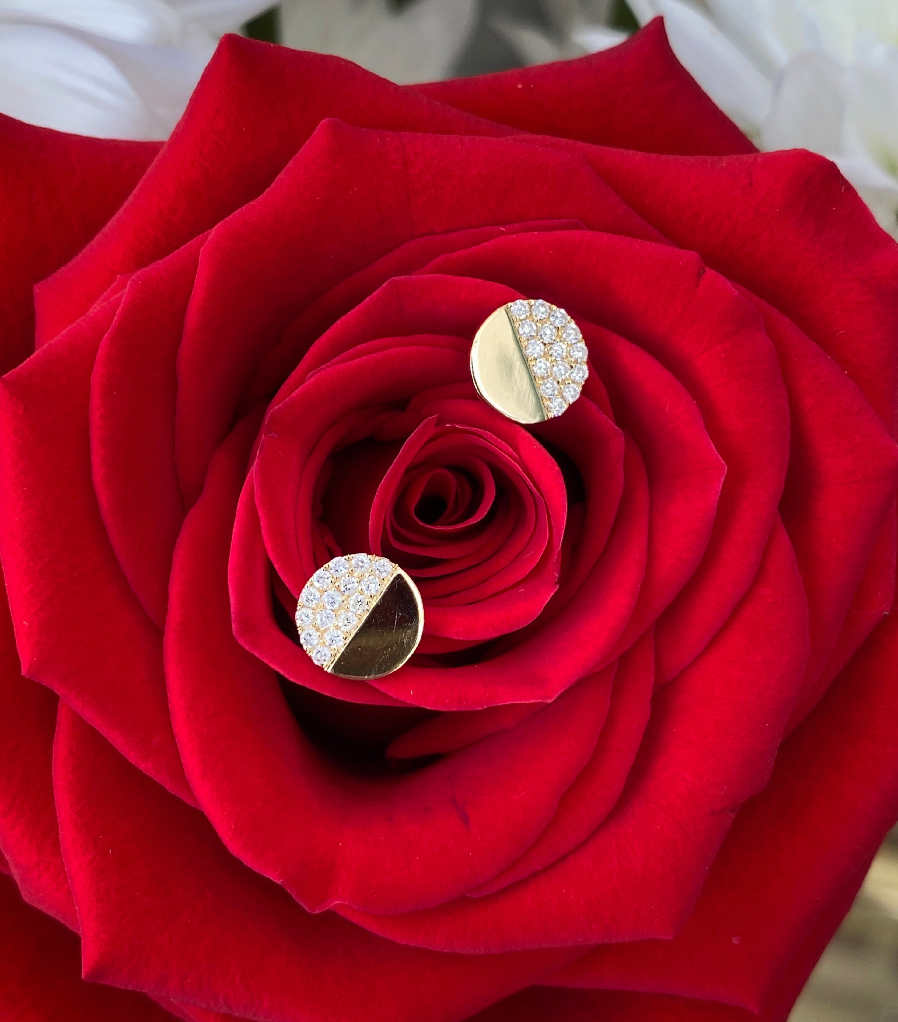 Half & Half Gold/Diamond Pavé Disk Earrings