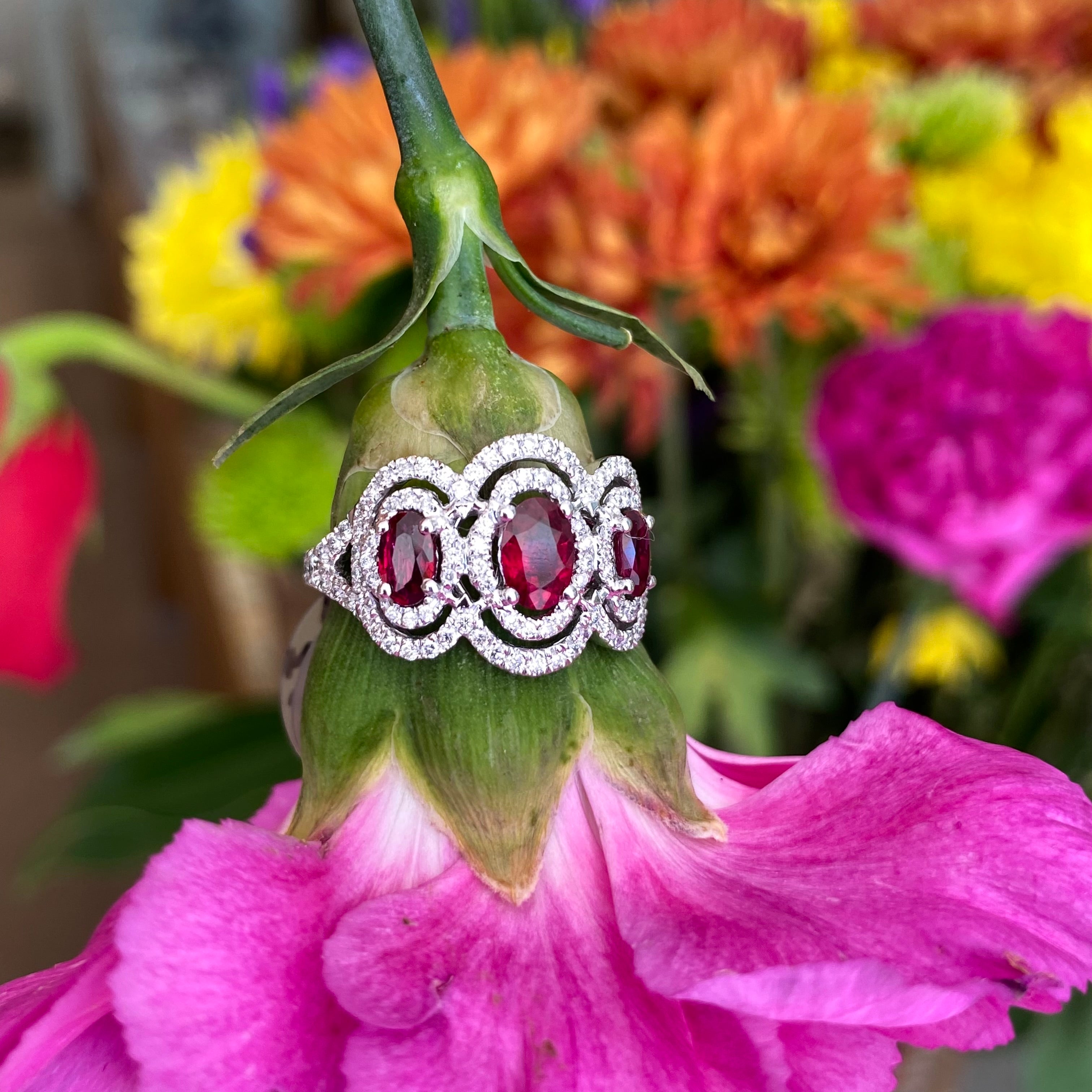 Oval Ruby & Diamond Three Stone Ring