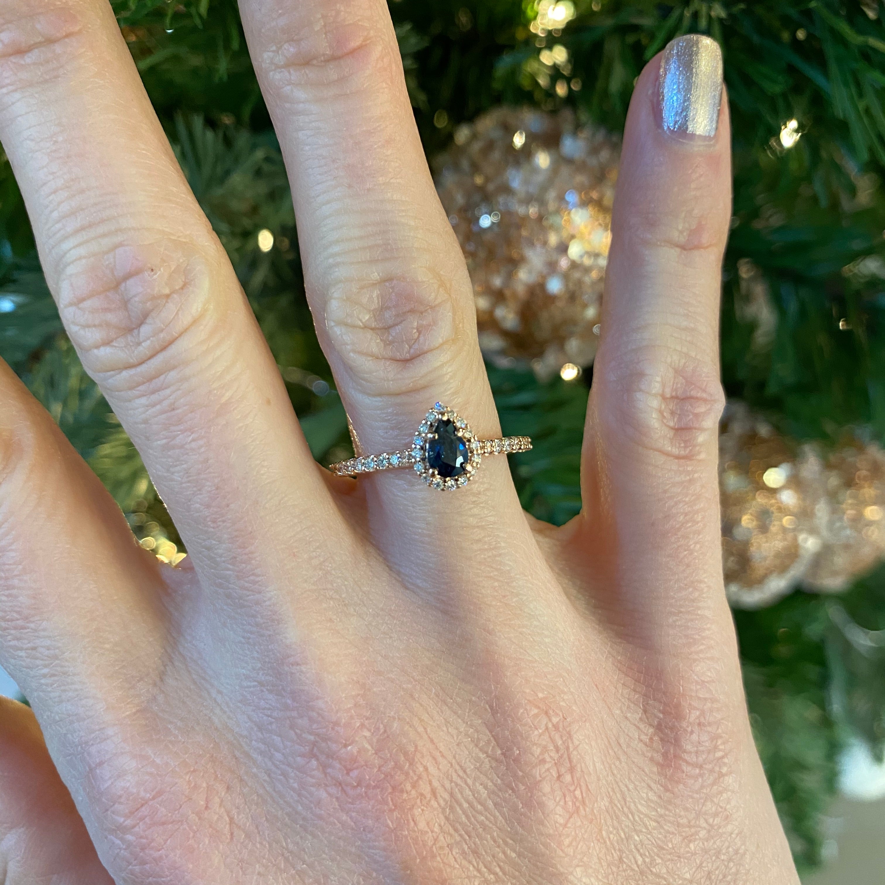 Pear Blue Sapphire & Diamond Ring set in Rose Gold