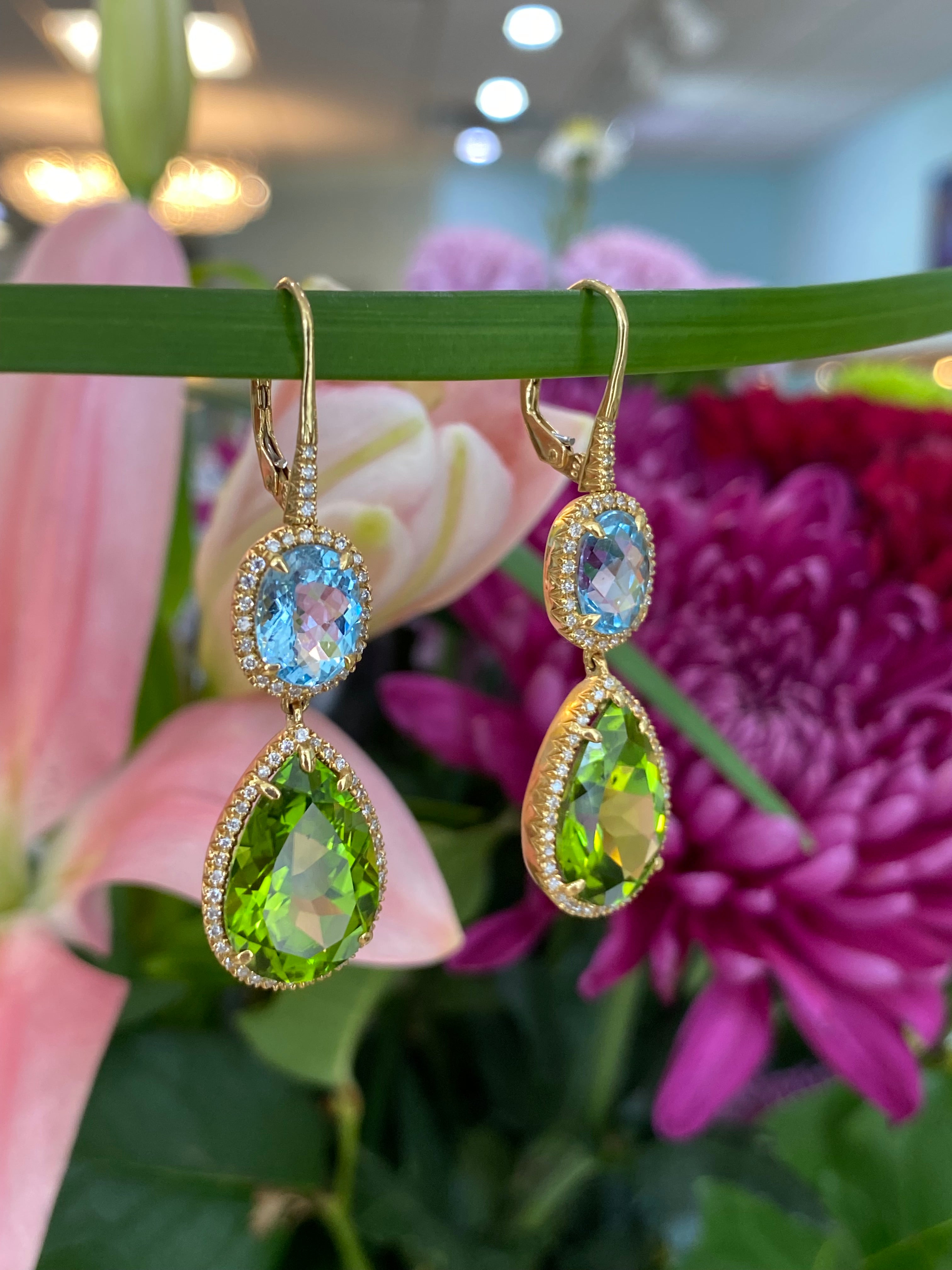 Peridot and Auqamarine Gemstone Dangle Earrings