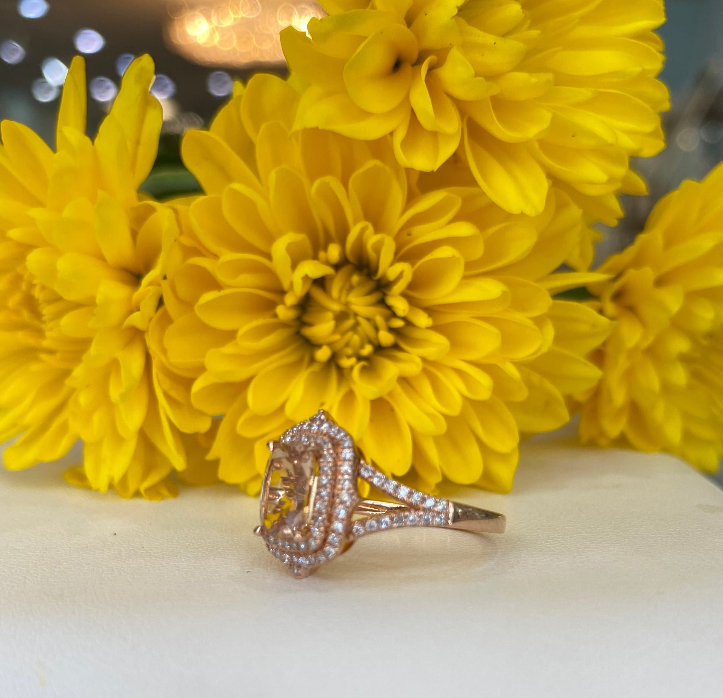 Rose Gold Elongated Cushion Morganite And Double Diamond Halo Ring