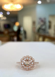 Rose Gold Round Cut Morganite And Ruffle Halo Ring