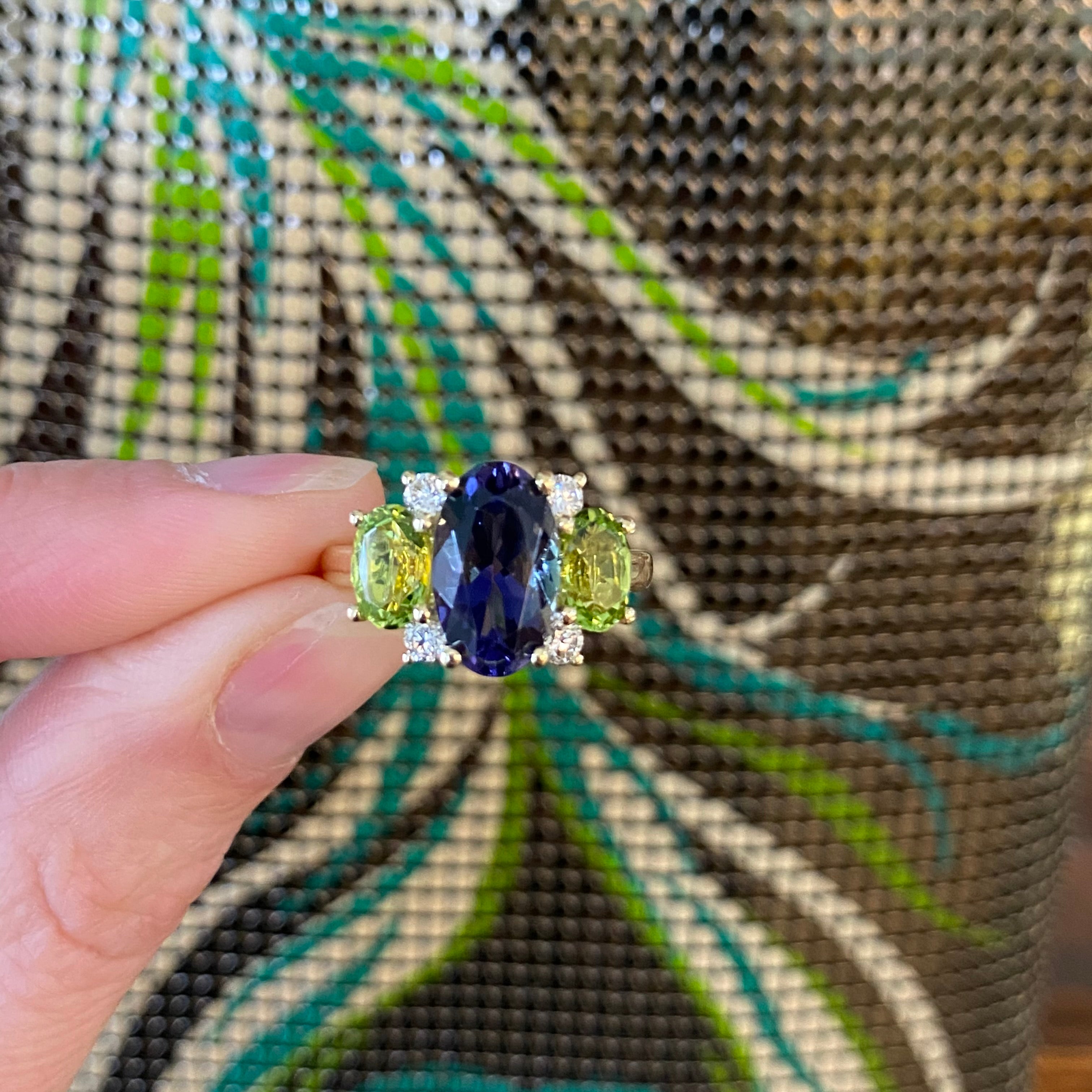 Oval Iolite, Peridot & Diamond Ring in 18K Yellow Gold