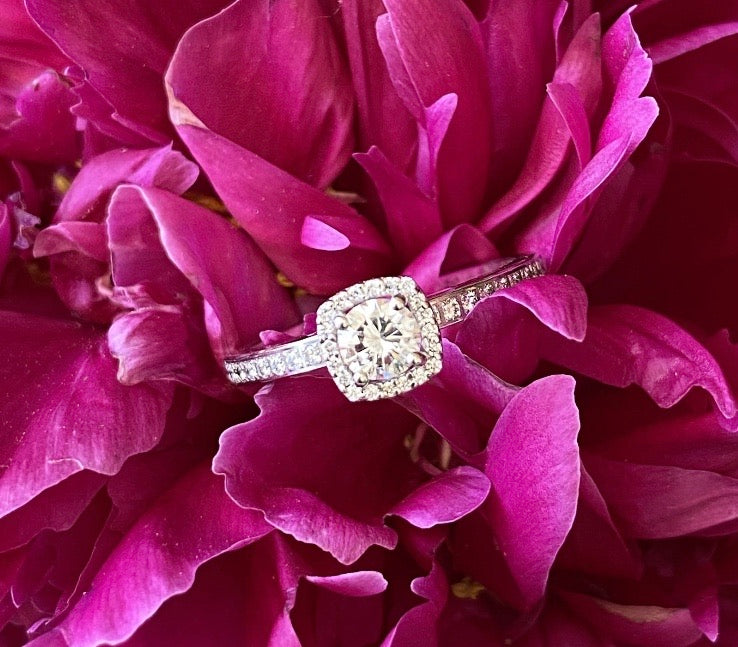 Cushion Shaped Halo Round Diamond Engagement Ring