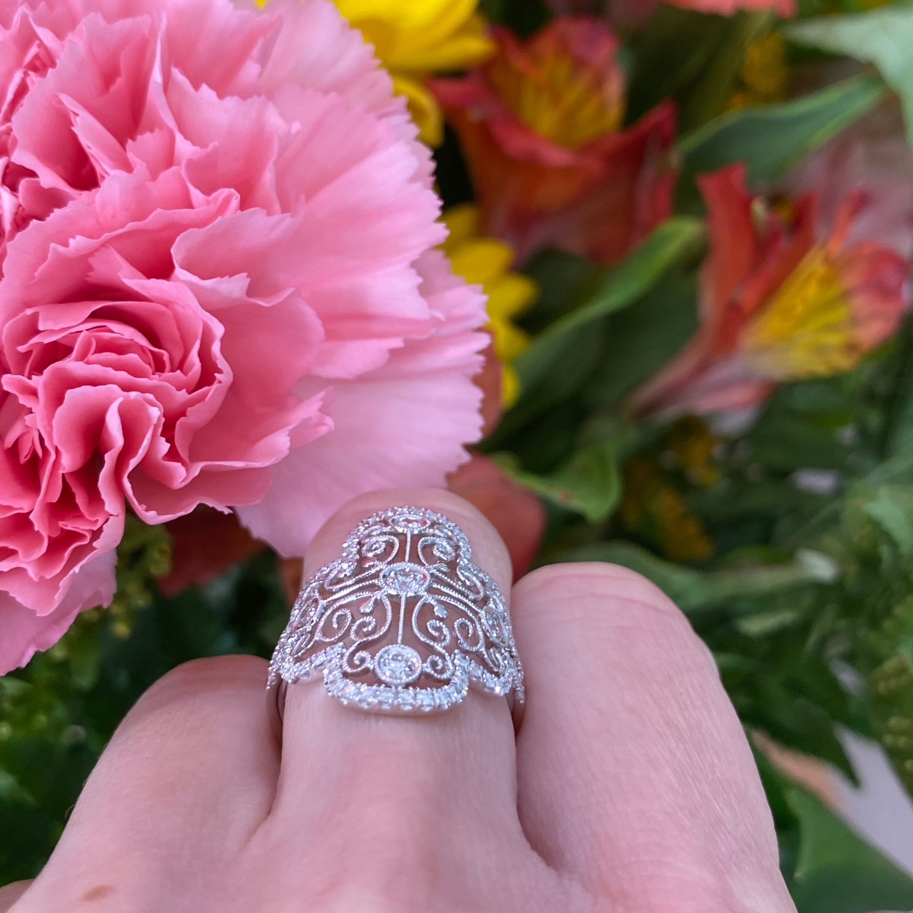 Vintage Inspired Lace Style Diamond Ring in 18k White Gold