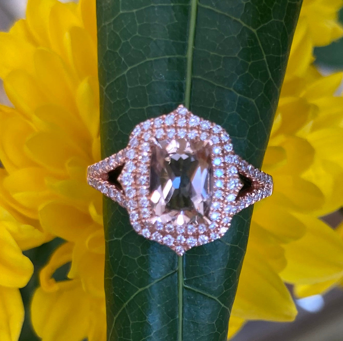 Rose Gold Elongated Cushion Morganite And Double Diamond Halo Ring