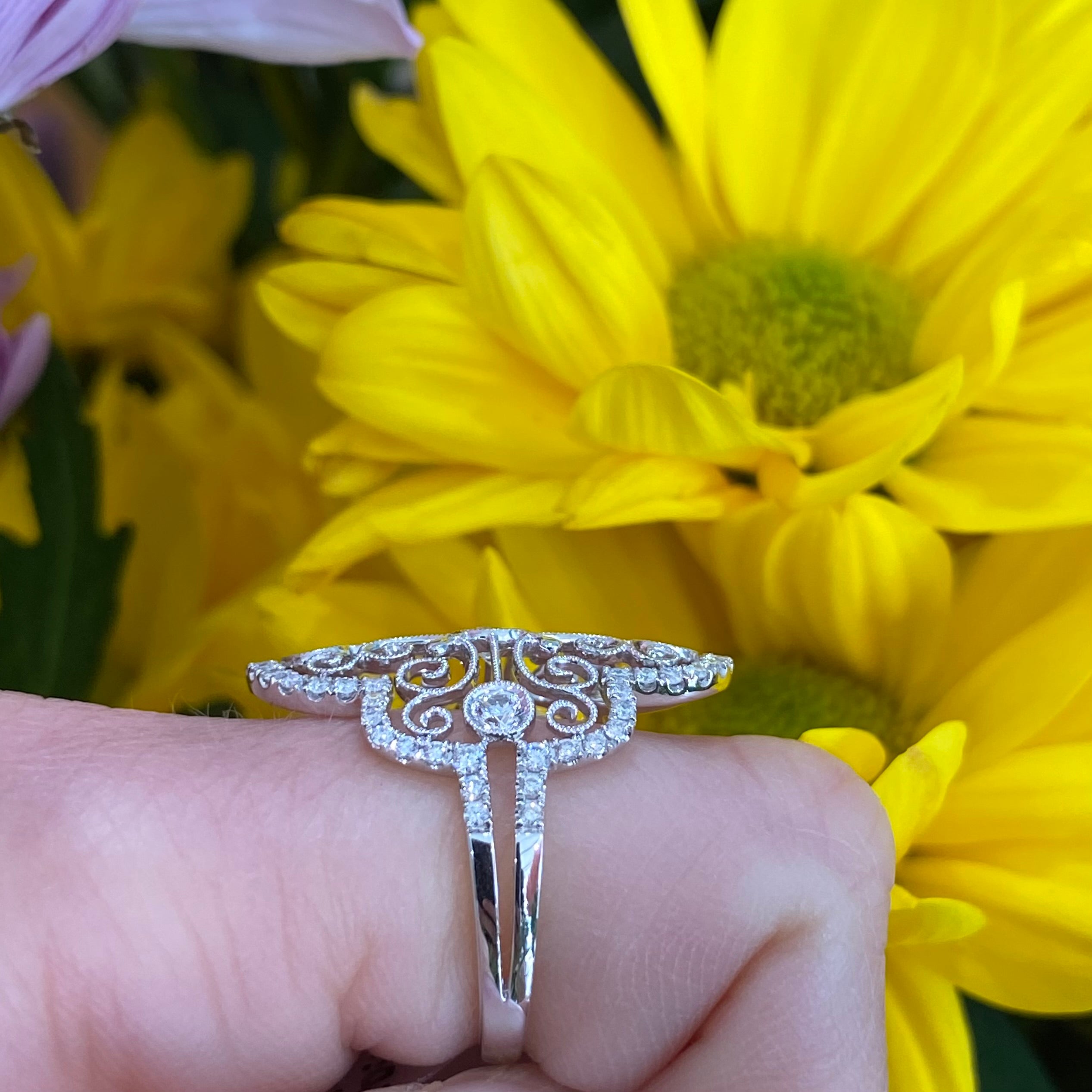 Vintage Inspired Lace Style Diamond Ring in 18k White Gold