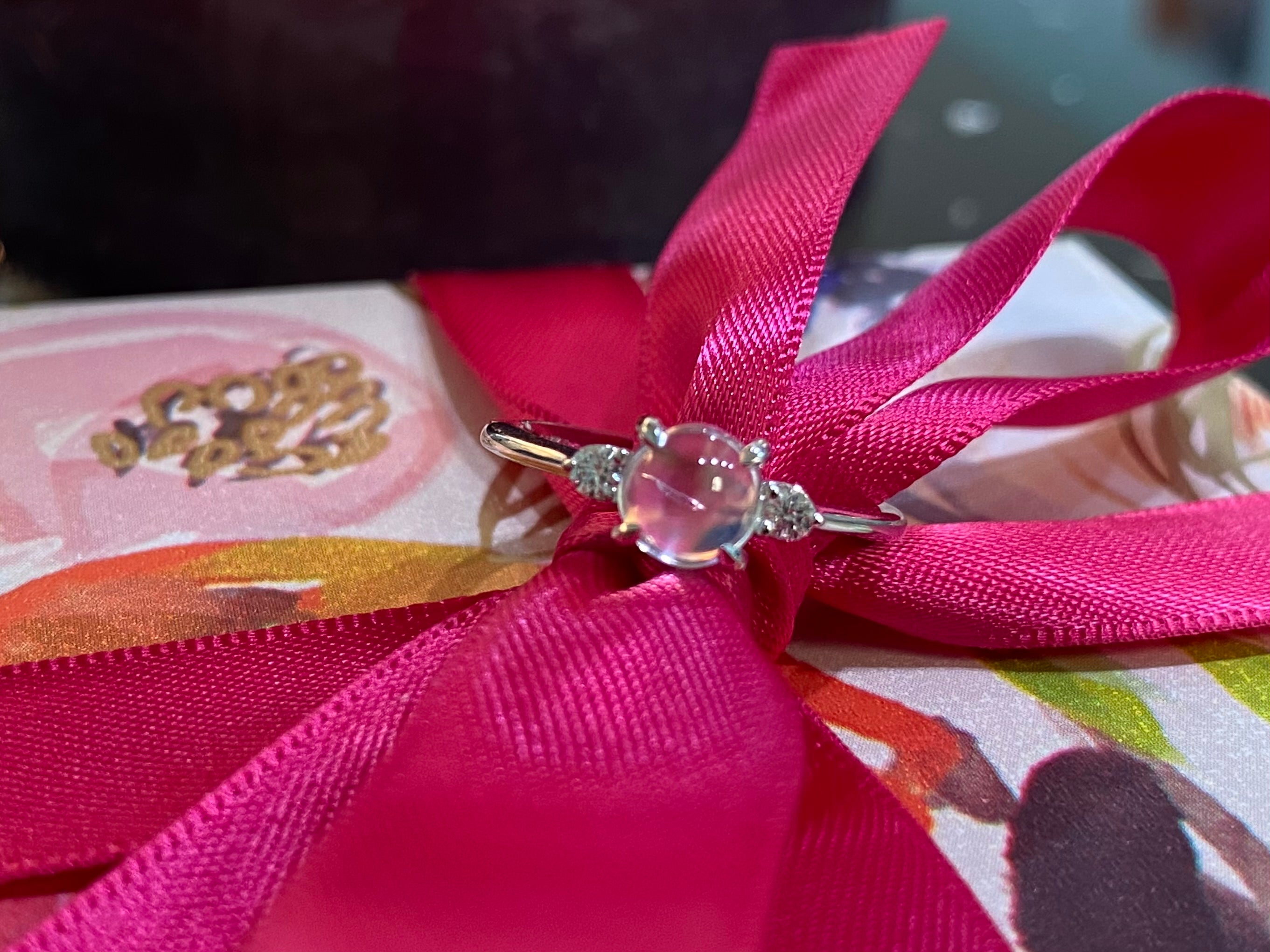 Round Moonstone & Diamond Three Stone Ring