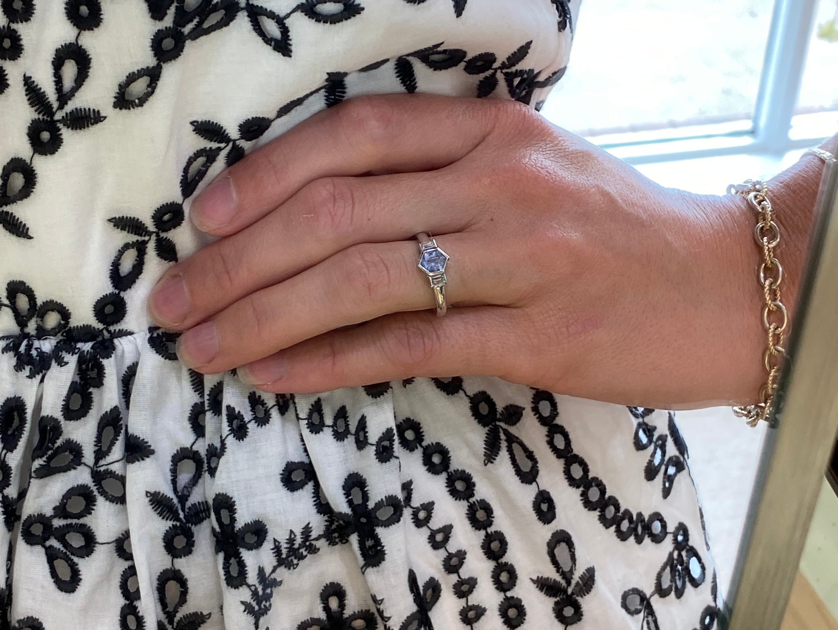 Pale Blue Sapphire & Baguette Diamond Ring