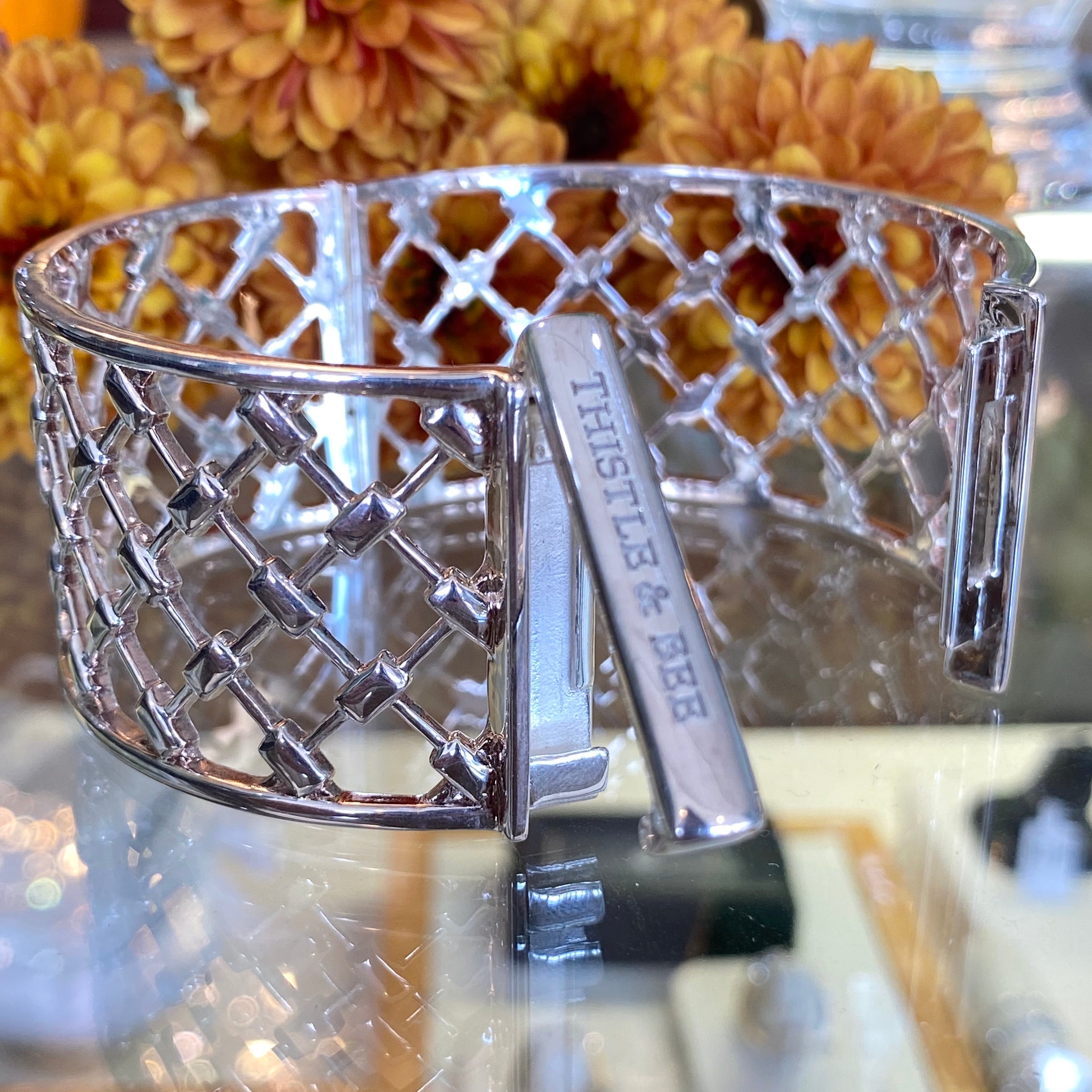 Thistle and Bee Wide Bangle Bracelet in Sterling Silver