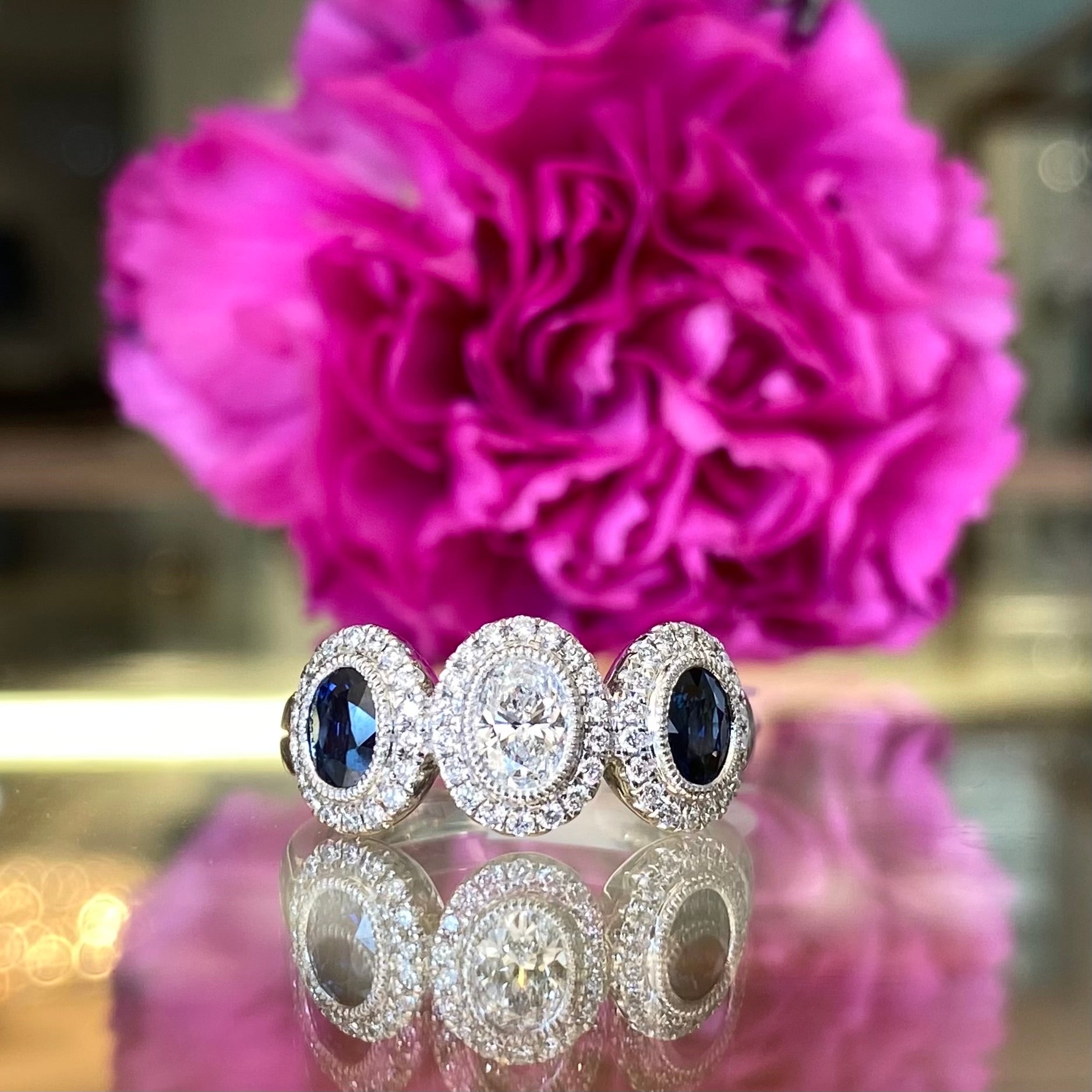 Oval Diamond & Sapphire Three Stone Ring