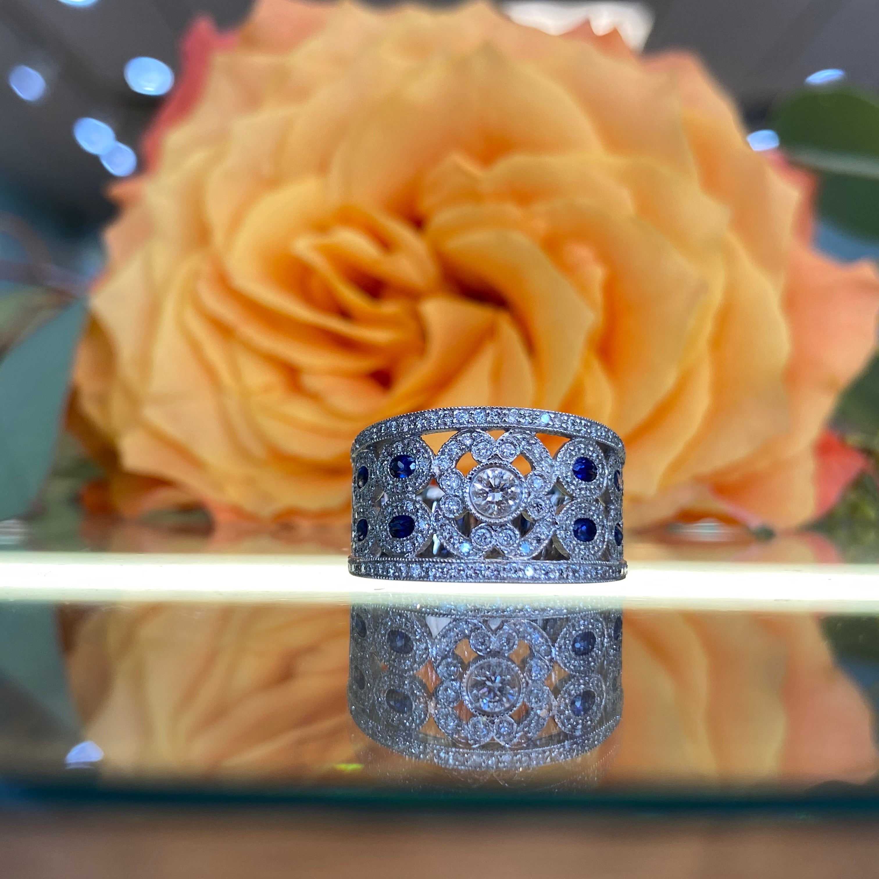 Sapphire & Diamond Milgrain Wide Ring