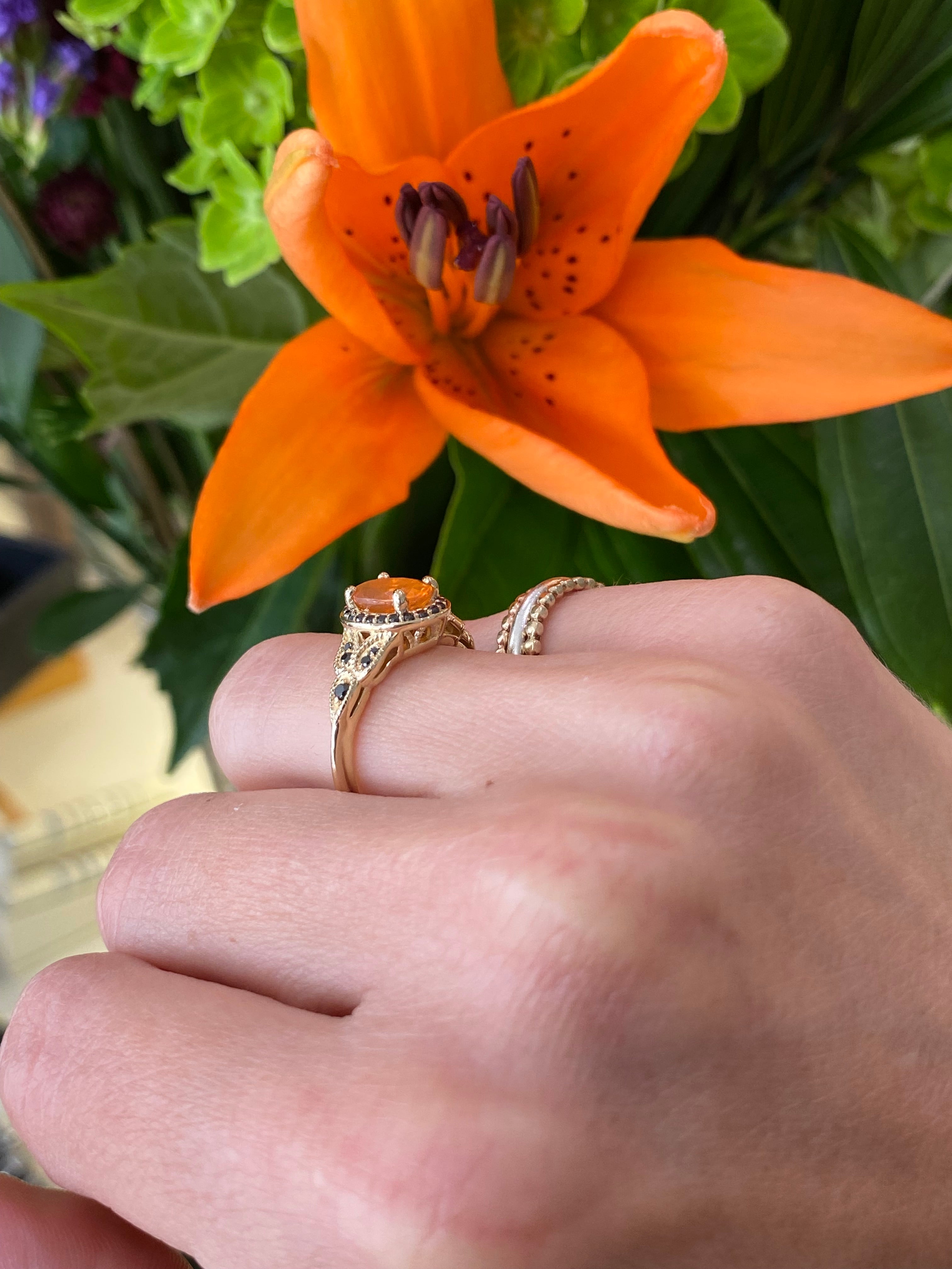 Fire Opal & Black Diamond Yellow Gold Ring